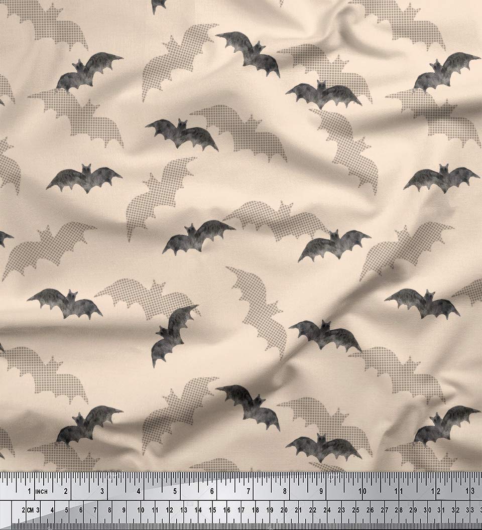 Soimoi White Modal Satin Fabric - 42 Inch Wide Shadow & Bat Animal Print Fabric by The Yard for DIY Dresses, Curtains & Home Decor Projects
