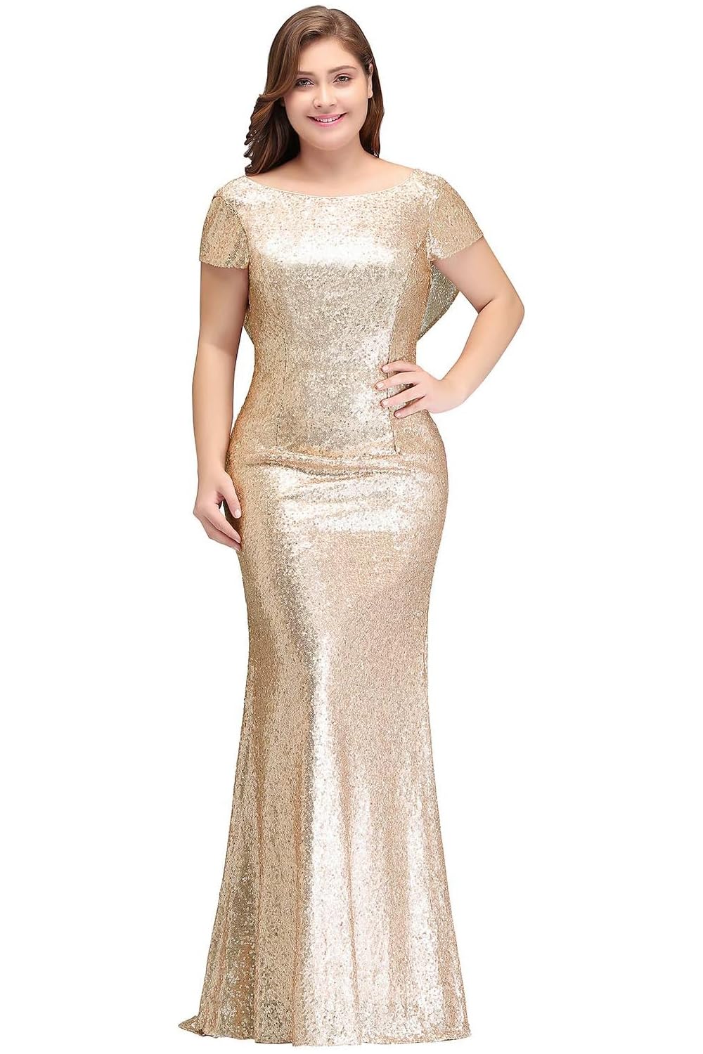 MisShow Women's Plus Size Rose Gold Sequin Prom Dress - Elegant Bridesmaid & Evening Gown for Formal Events, Weddings, Parties & Special Occasions