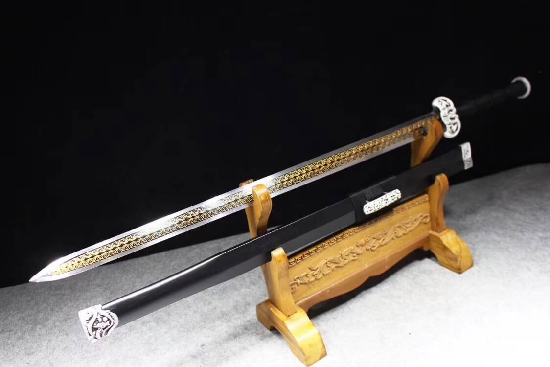 Hand Forged Chinese Han Jian Sword - High Manganese Steel Blade with Black Wood Handle & Alloy Fittings - Heat Tempered for Durability - Perfect for Martial Arts Training, Historical Reenactments, and Collection Display
