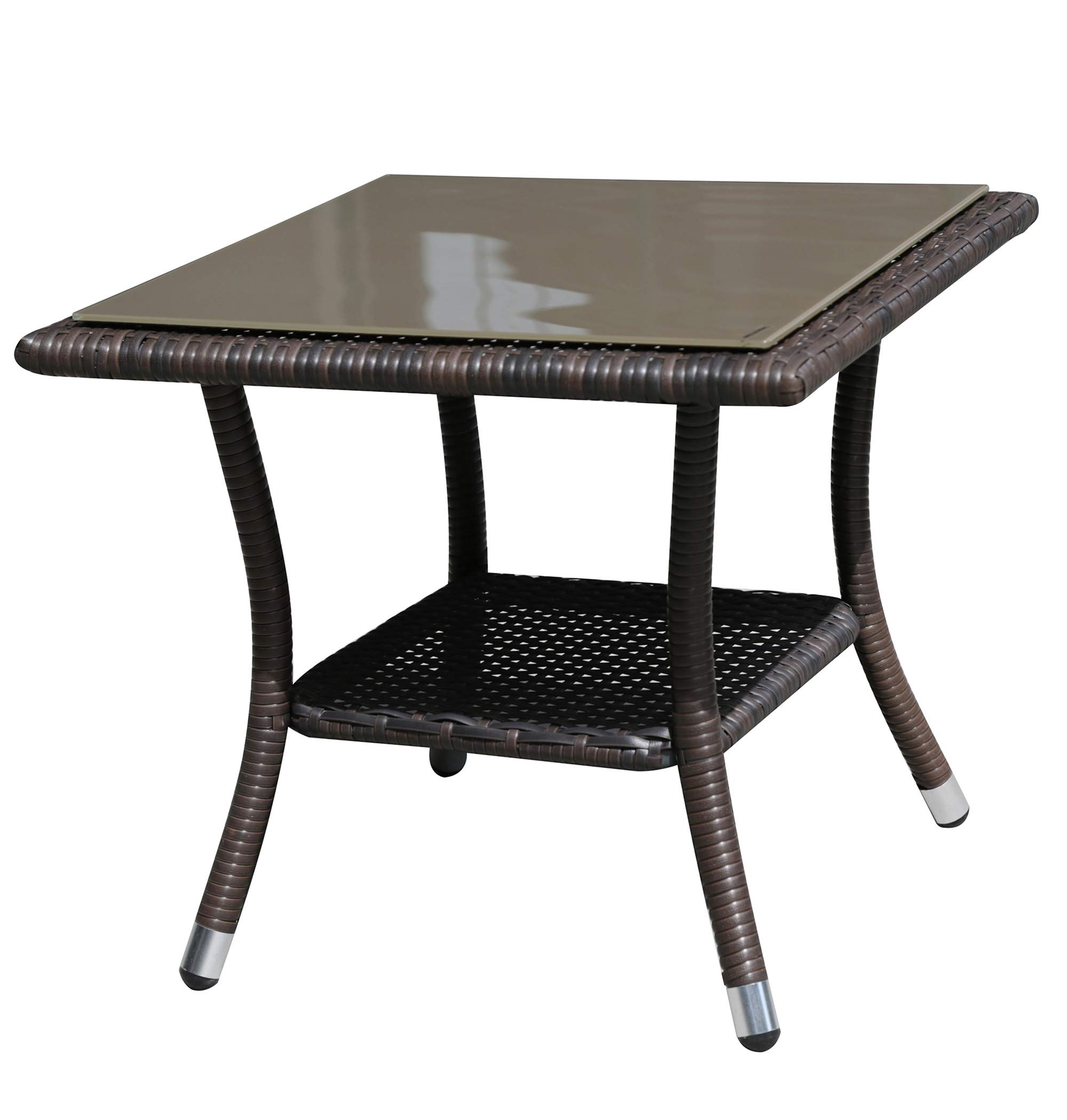 Super Patio Outdoor Wicker End Table with Glass Top - Rattan Square Coffee Table & Side Storage Table, Aluminum Frame in Espresso Brown - Perfect for Patio, Garden, or Living Room Decor
