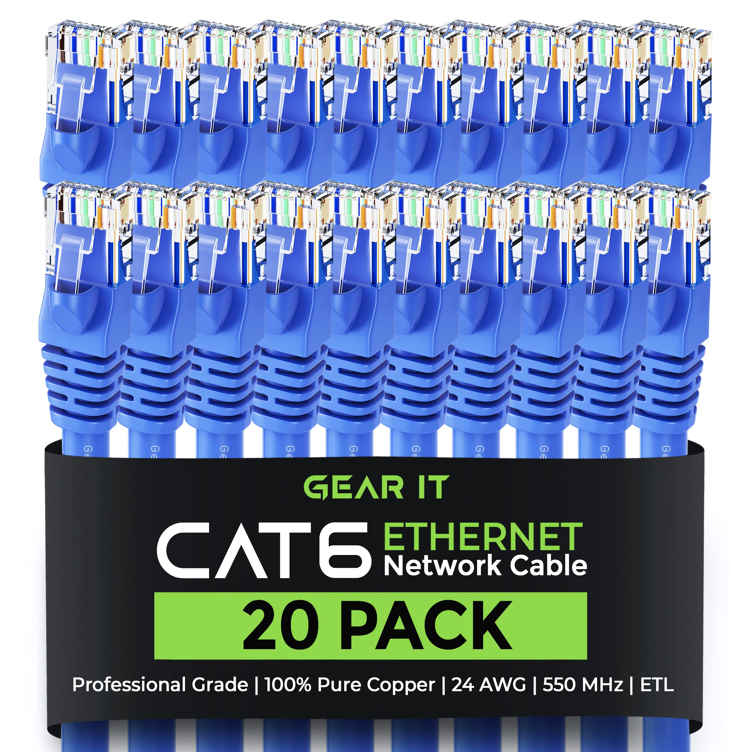 GearIT Cat6 Ethernet Cable 0.5 ft (6-Inch) 20-Pack - High-Speed Cat6 Patch Cables, Snagless RJ45 Connectors, 550MHz, 10Gbps - Ideal for Home Office, Gaming, Server Rooms & Network Setups - Blue