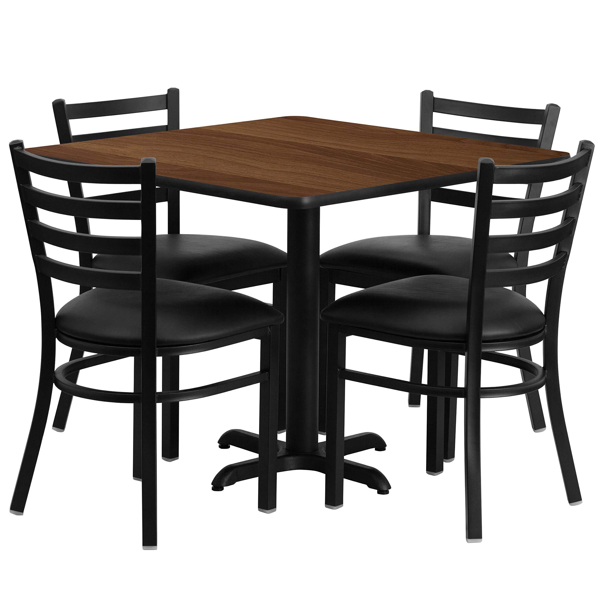 36SQ Walnut Dining Table Set with X-Base & 4 Ladder Back Chairs - Black Seat Cushions - Perfect for Kitchen, Dining Room, and Small Space Homes