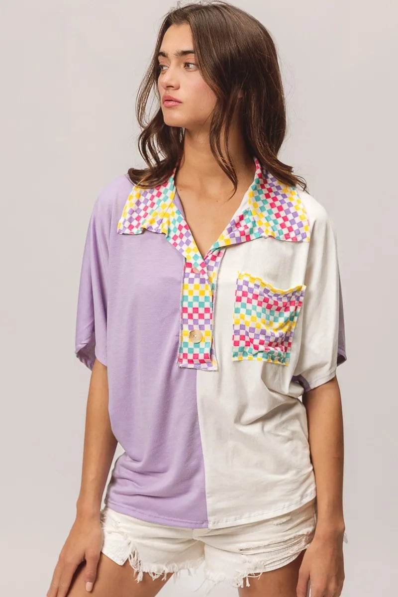 Stylish BiBi Color Block Knit Top with Multi Checker Contrast Design - Perfect for Casual Outings, Office Wear & Date Nights