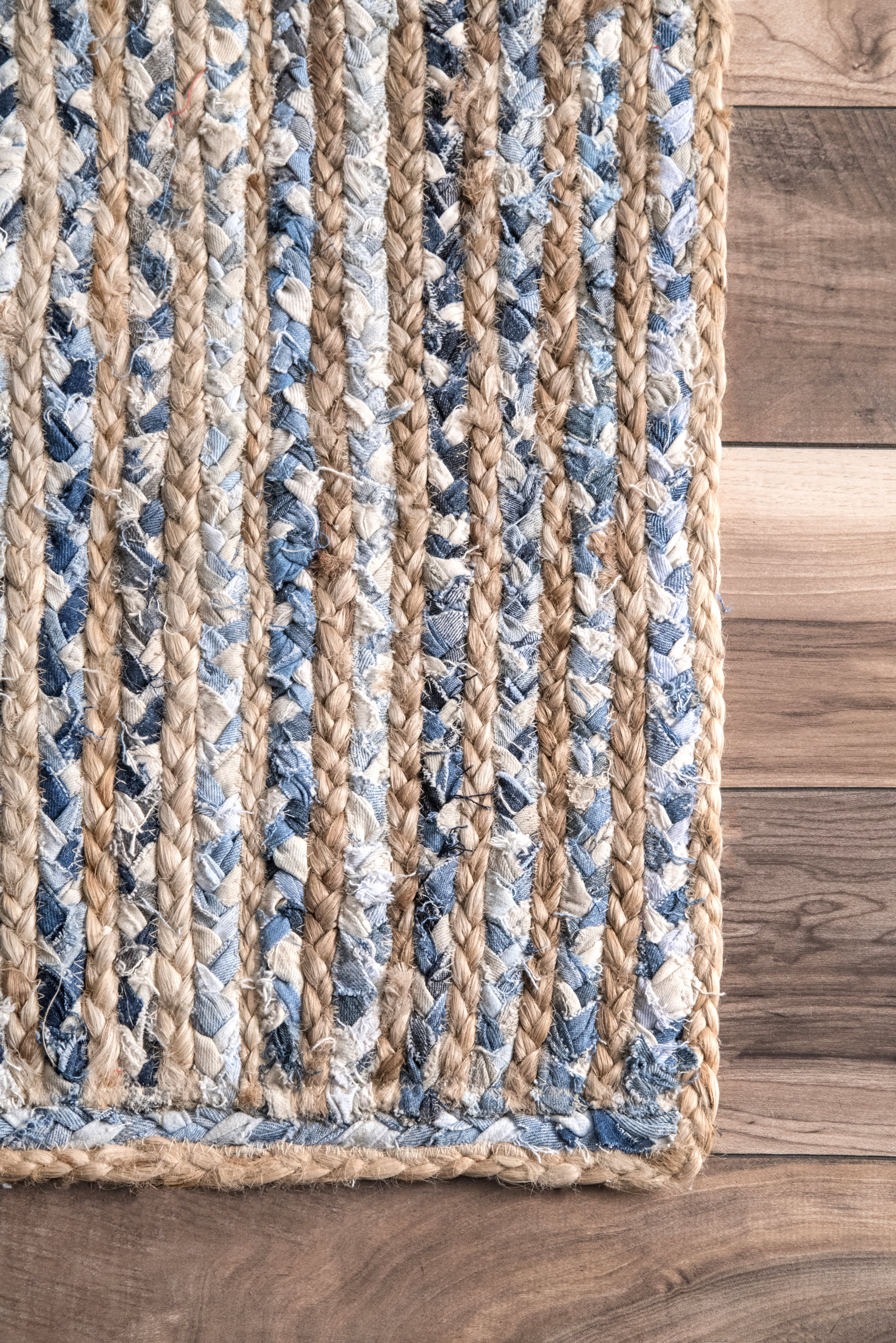 Hand Braided Jute and Denim Striped Area Rug - Blue and White Bohemian Style Floor Mat for Living Room, Bedroom, or Nursery Decor