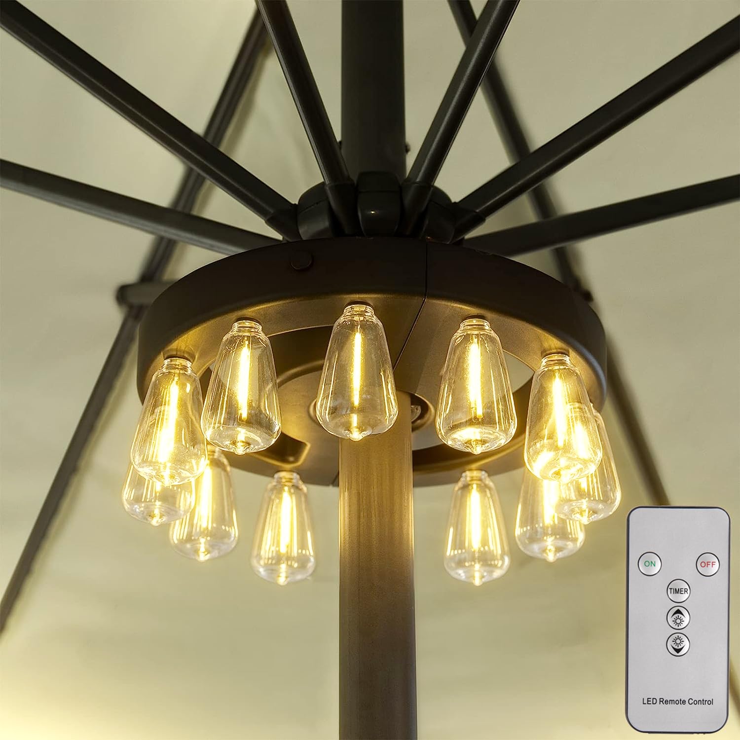 12 LED Dimmable Umbrella Lights with Timer - Battery Operated Warm White Patio Lights for Outdoor, Backyard, Camping & Garden Parties (3 Brightness Modes)