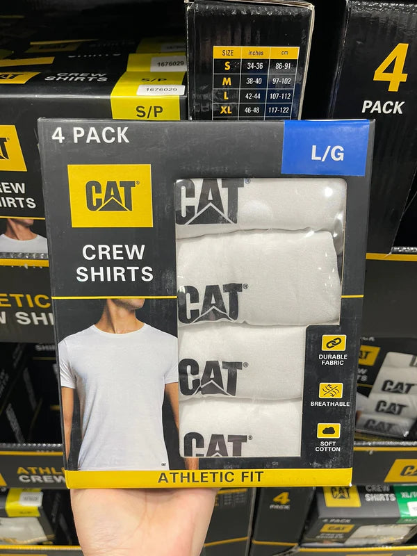 CAT 4 Pack Men's White Cotton Short Sleeve Logo T-Shirts - Breathable Casual Tees for Everyday Wear, Gym & Outdoor Activities