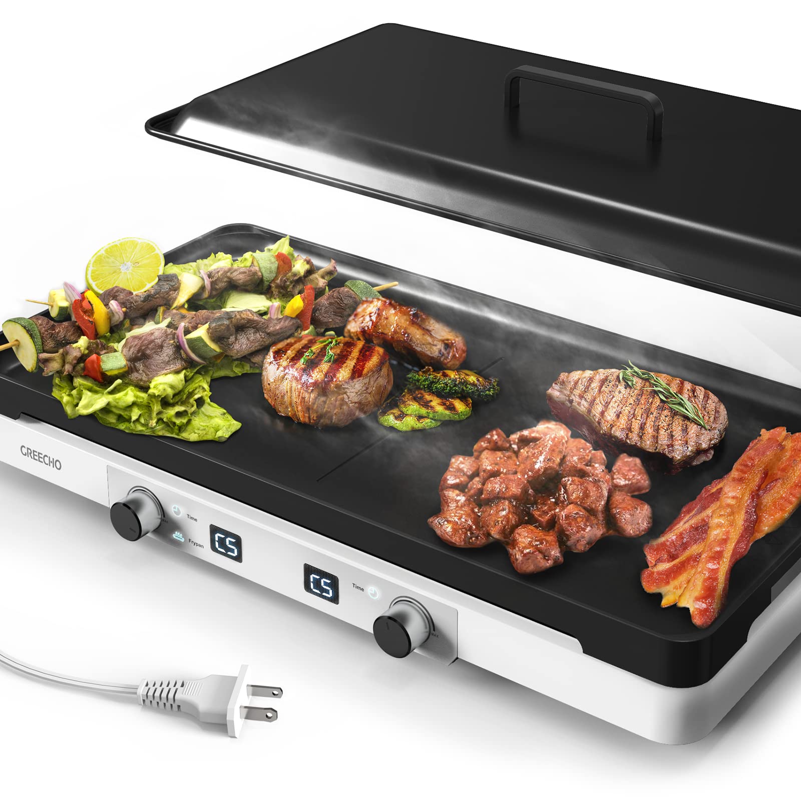 GREECHO 2 Burner Portable Induction Cooktop with Removable Griddle Pan - 1400W Electric Stove with 5 Heat Settings & 0-99 Minute Timer - Independent Control for Precise Cooking - Coconut White - Perfect for RVs, Dorms & Small Kitchens