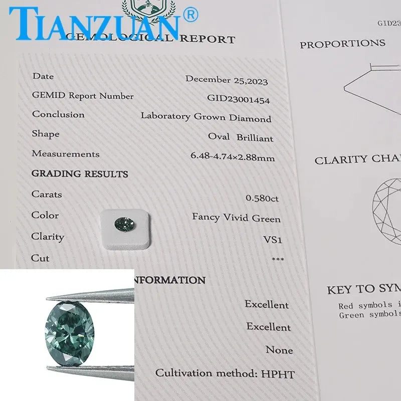 Lab Grown Diamond HPHT Oval Shape Fancy Vivid Green Color VVS1/VS1 2EX Loose Gemstone Bead with GEMID Certified - Perfect for Engagement Rings, Custom Jewelry & Luxury Gifts