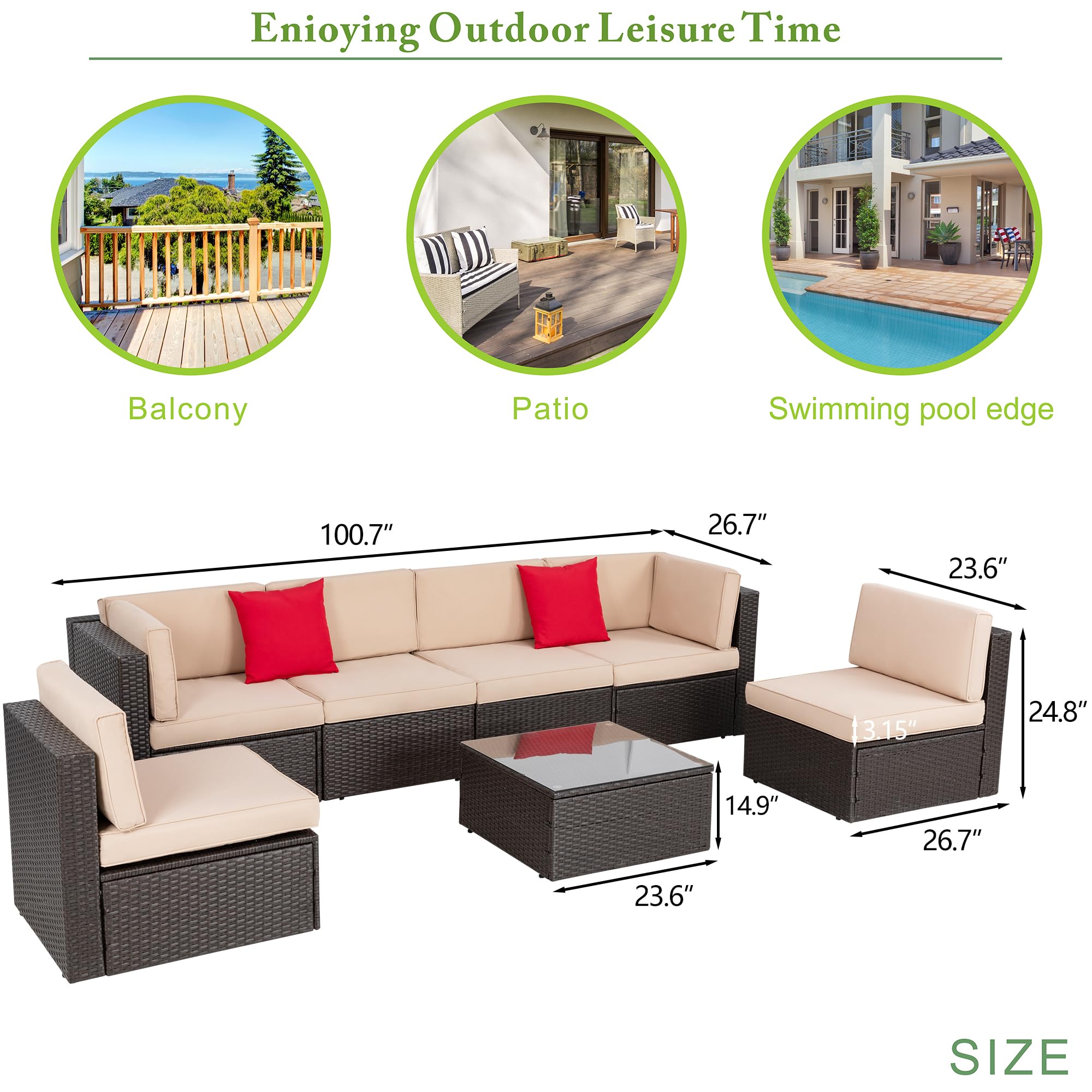 Vongrasig 7-Piece Outdoor Patio Furniture Set - PE Wicker Rattan Sectional Sofa with Cushions, Glass Coffee Table & Red Throw Pillows (Beige) - Perfect for Backyard, Garden, Poolside & Patio Relaxation