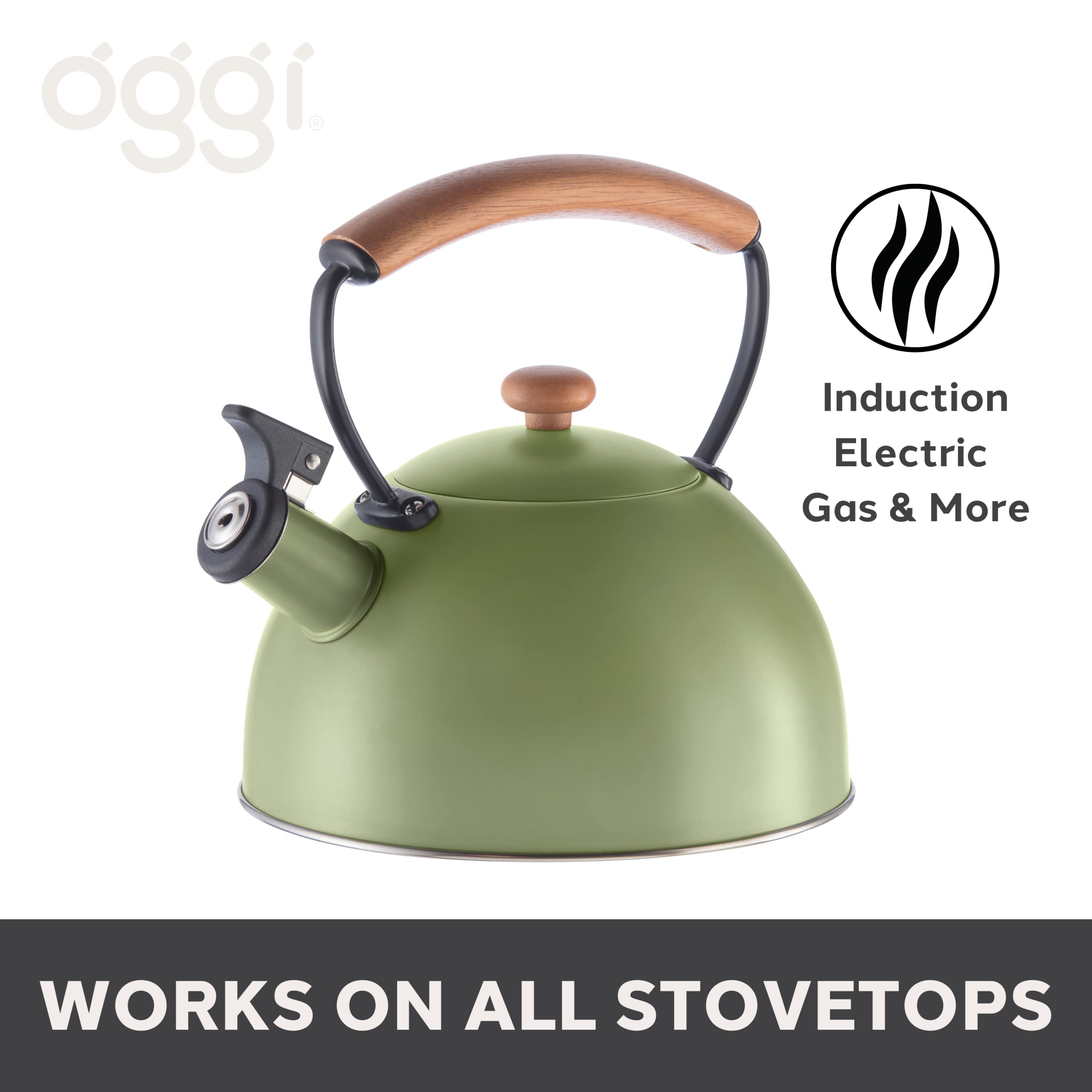 OGGI 2.5L Stainless Steel Tea Kettle with Loud Whistle & Cool-Touch Wood Handle - 85oz Stovetop Water Boiler for Tea, Coffee & Cooking - Perfect for Home, Office & Camping Use