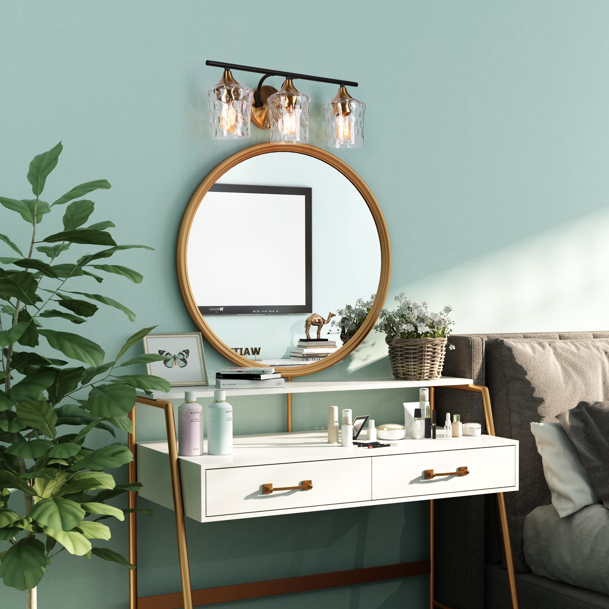 Durent Lighting Bathroom Vanity Light Fixtures - Black & Brass 3-Light Bathroom Sconce with Water Ripple Glass & Electroplated Finish for Modern Bathroom Decor | Perfect for Bathroom Mirror Lighting, Powder Room, and Master Bath Renovation