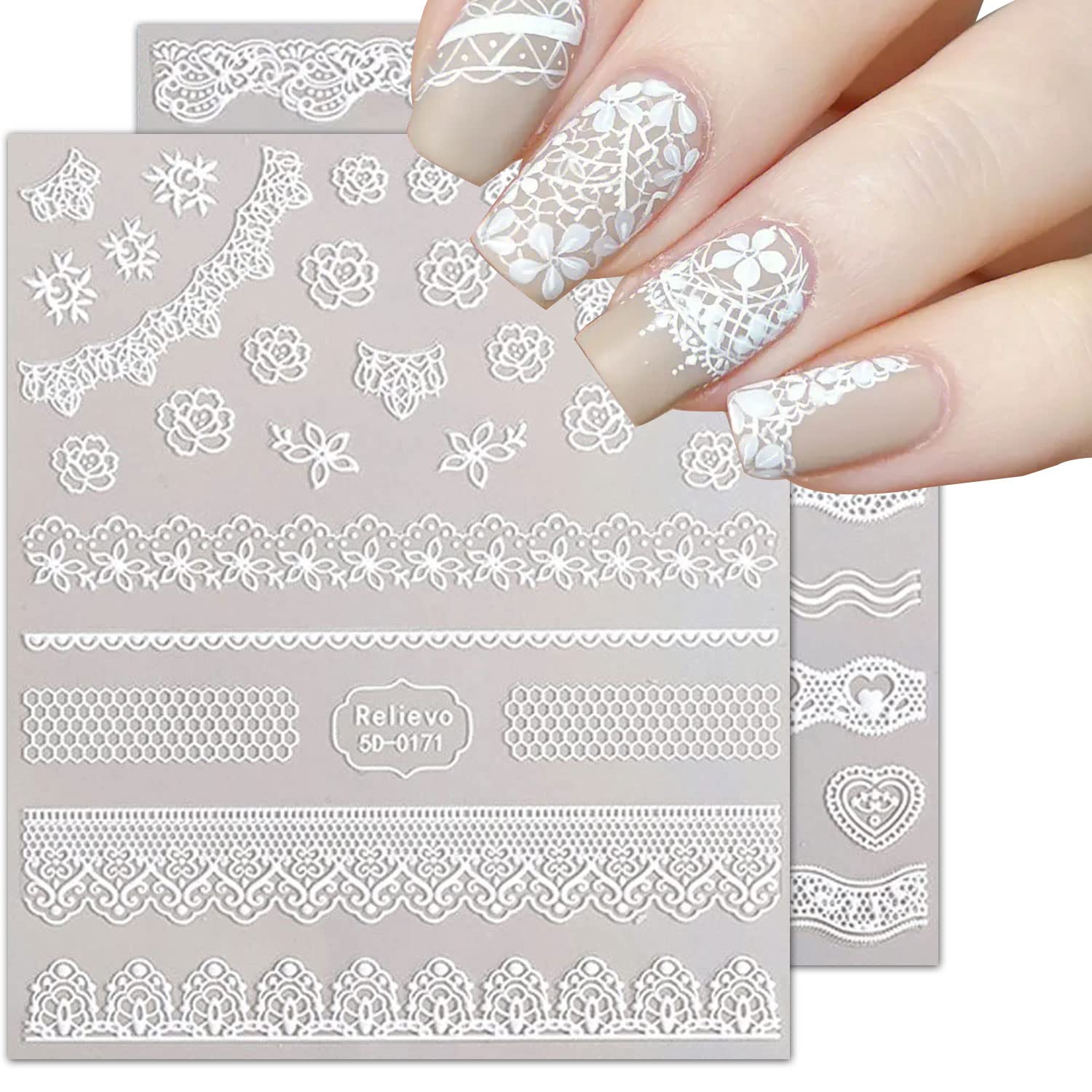 5D Embossed White Flower Lace Nail Art Stickers - Self-Adhesive Wedding Nail Decals for Women & Girls - DIY Manicure Decor for Bridal, Prom, Party & Special Occasions