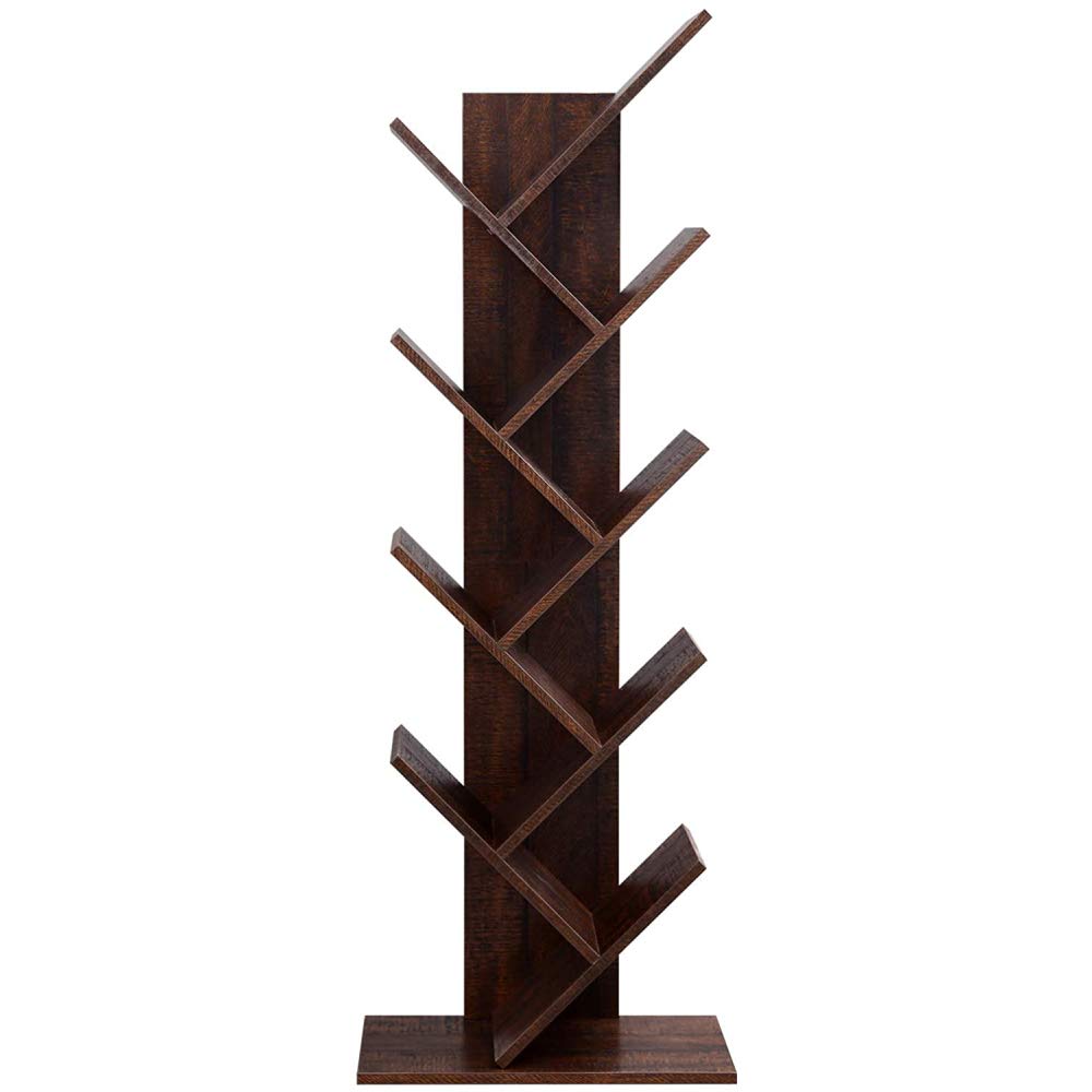 9-Shelf Bookcase Rack - Free Standing Wooden Tree Bookshelf Organizer for Books, Movies, Video Games & CDs - Brown Storage Shelf for Living Room, Bedroom & Office