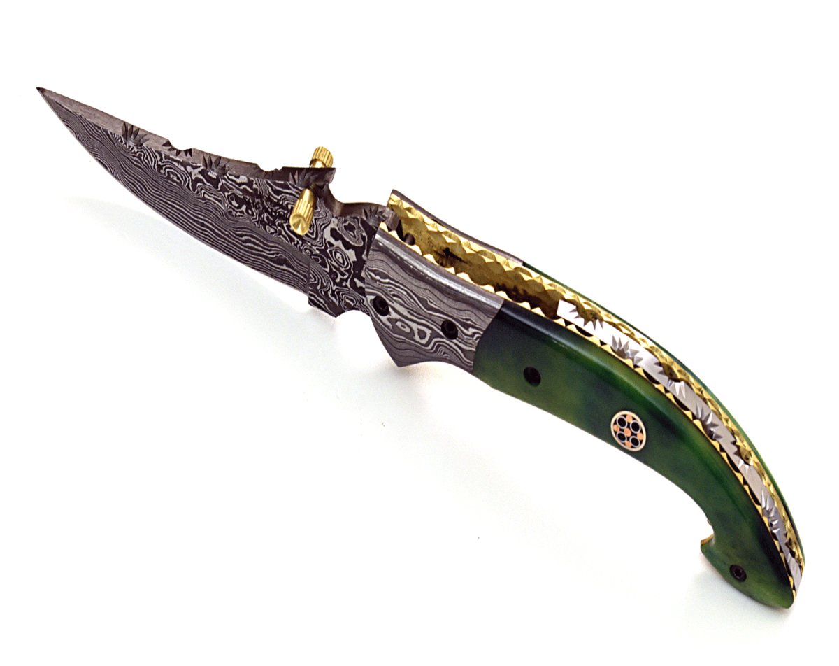 Premium Omni Damascus Steel Pocket Knife with Genuine Bone Handle & Leather Sheath - Perfect for Camping, Hiking, and Outdoor Adventures