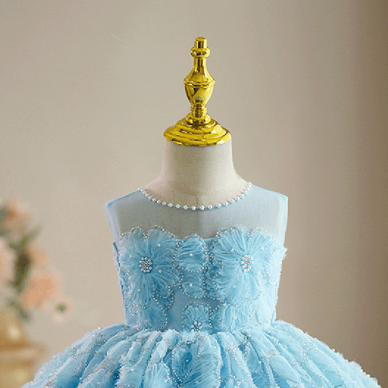 Baby Girl Birthday Party Bead Collar Flower Princess Dress - Elegant Toddler Princess Gown for Birthday Celebrations, Photo Shoots & Special Occasions