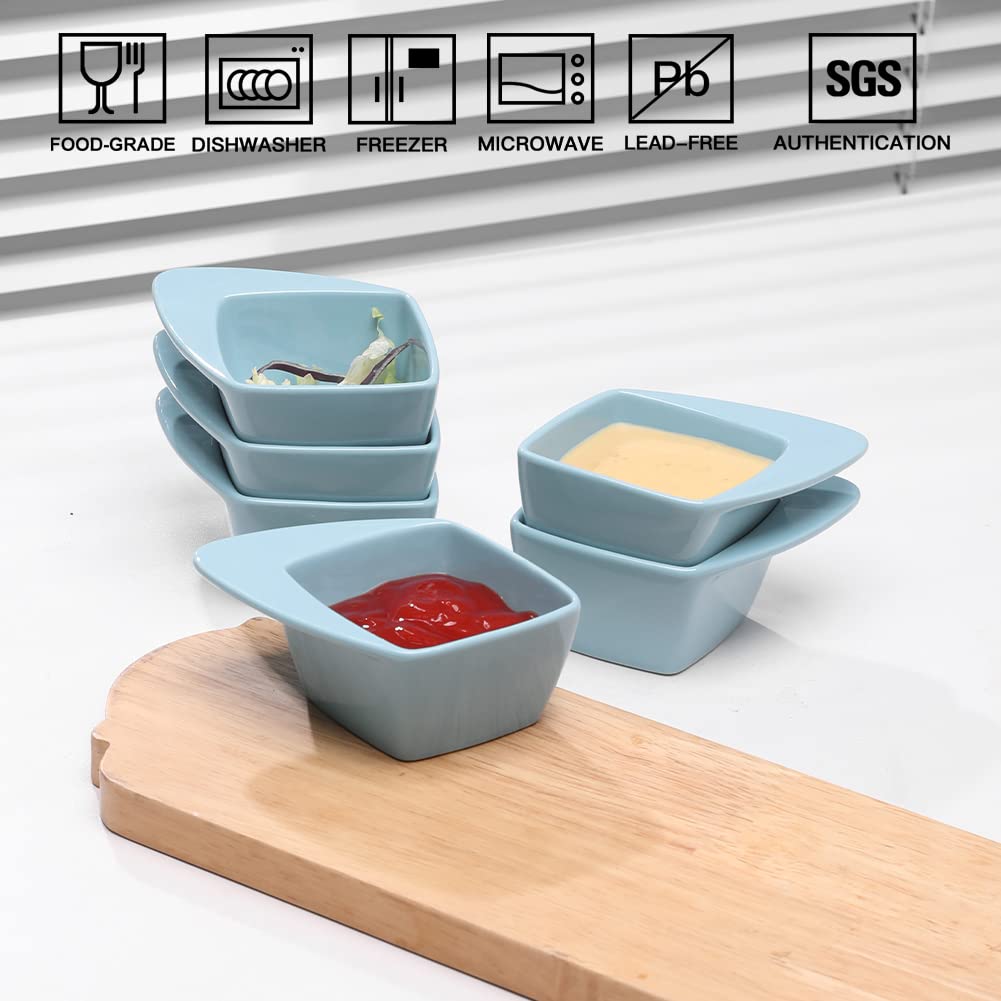 Premium Porcelain Soy Sauce Dipping Bowls - Set of 6 Small 3oz Square Dishes with Handles for Condiments, Ketchup, Honey Mustard, Appetizers & Snacks - Elegant Turquoise Tableware for Sushi, Dumplings & Asian Cuisine