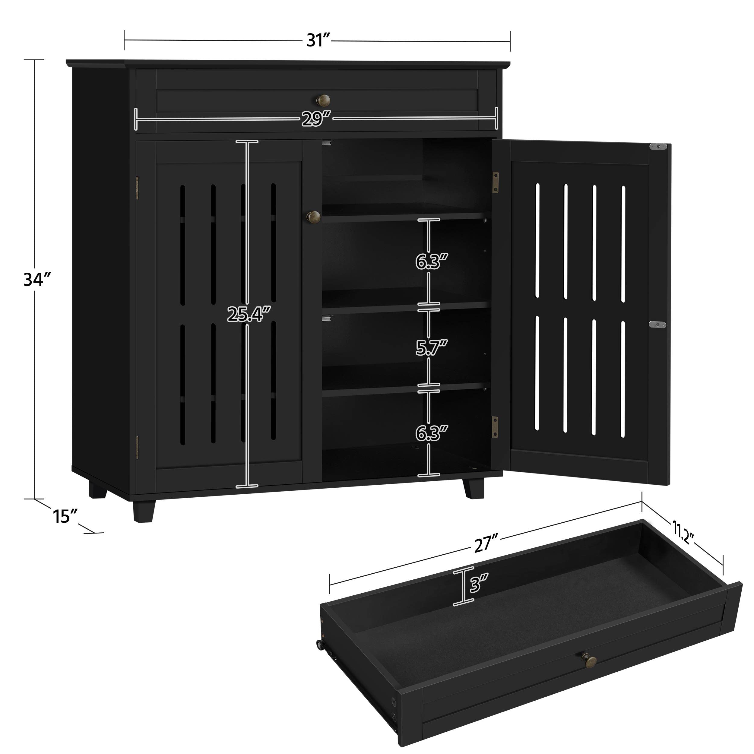Yaheetech 4-Tier Wooden Shoe Storage Cabinet with Drawer & Adjustable Shelves - Shoe Rack Organizer with Louvered Doors for Entryway, Hallway, Bedroom - Perfect for Small Space Organization & Home Decor (Black)