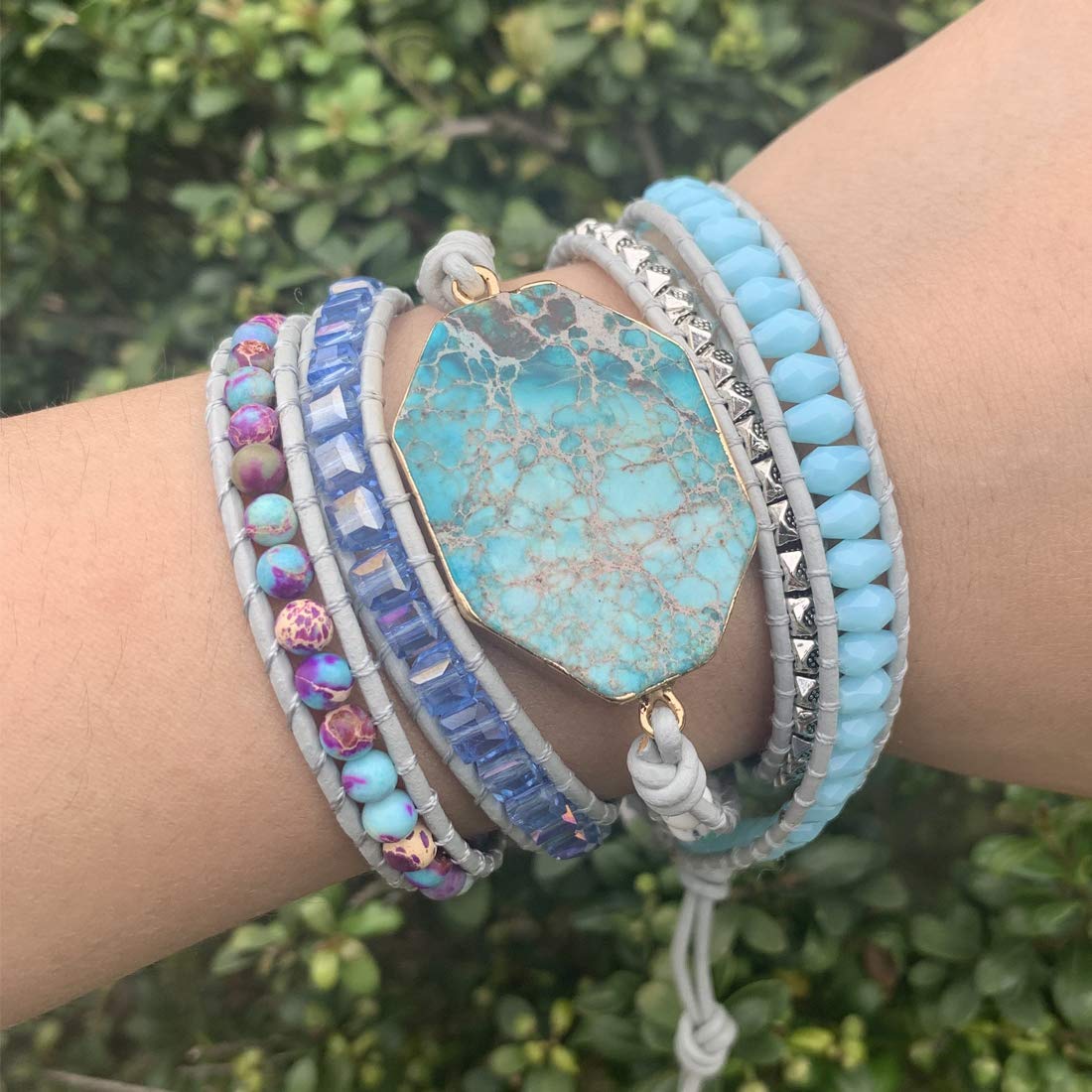 YGLINE Handmade Leather 5-Wrap Bracelet with Jasper Beads - Multi-Layer Yoga Bracelet in Mix Colorful Gemstones for Healing & Meditation | Perfect for Yoga Practice, Spiritual Healing & Boho Fashion Accessories