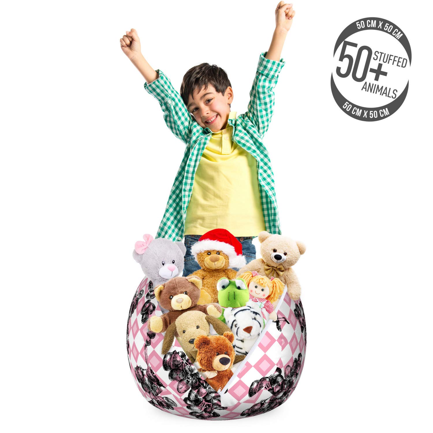 Ambesonne Washable Toy Storage Bag Chair - Hand Drawn Grapes Sketch on Checkered Background, Small Size Pink & Grey - Perfect for Kids' Room, Stuffed Animal Organizer, Playroom Decor & Nursery Storage Solution