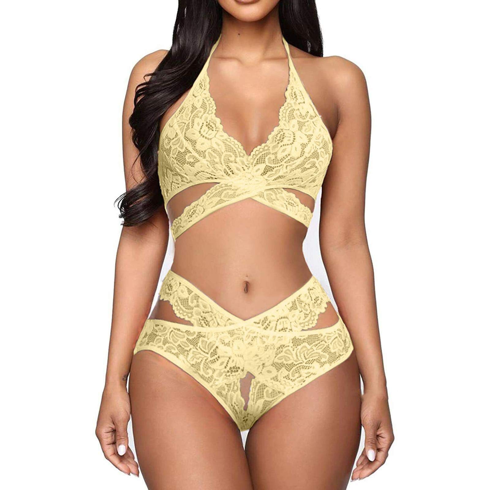 Sexy Lace Teddy Babydoll Lingerie Set - Women's Halter Bras & Thong Panty See-Through Underwear for Romantic Nights & Boudoir Photography