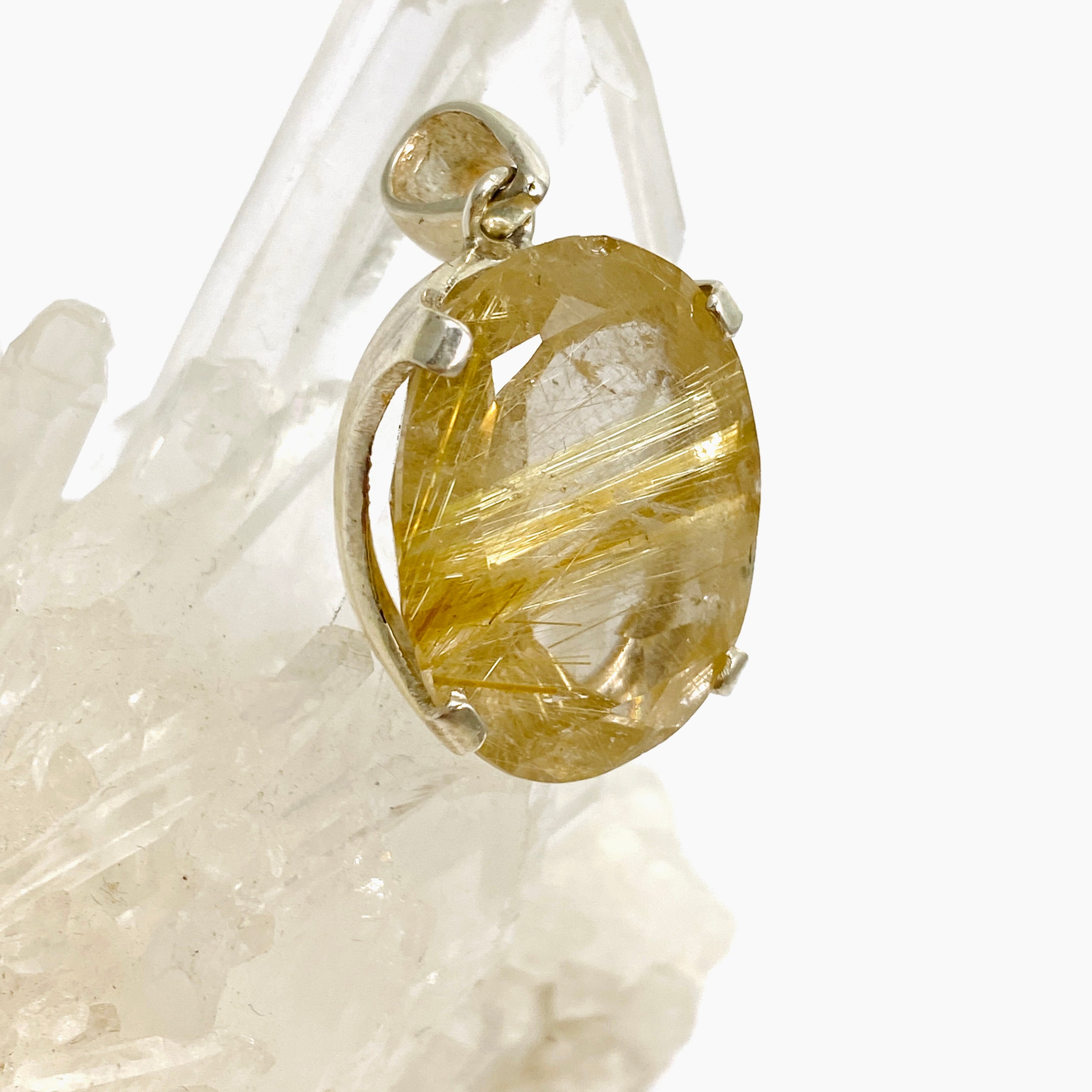 Golden Rutile Quartz Oval Faceted Pendant Necklace - Natural Gemstone Jewelry for Women - Perfect for Wedding, Party & Everyday Wear