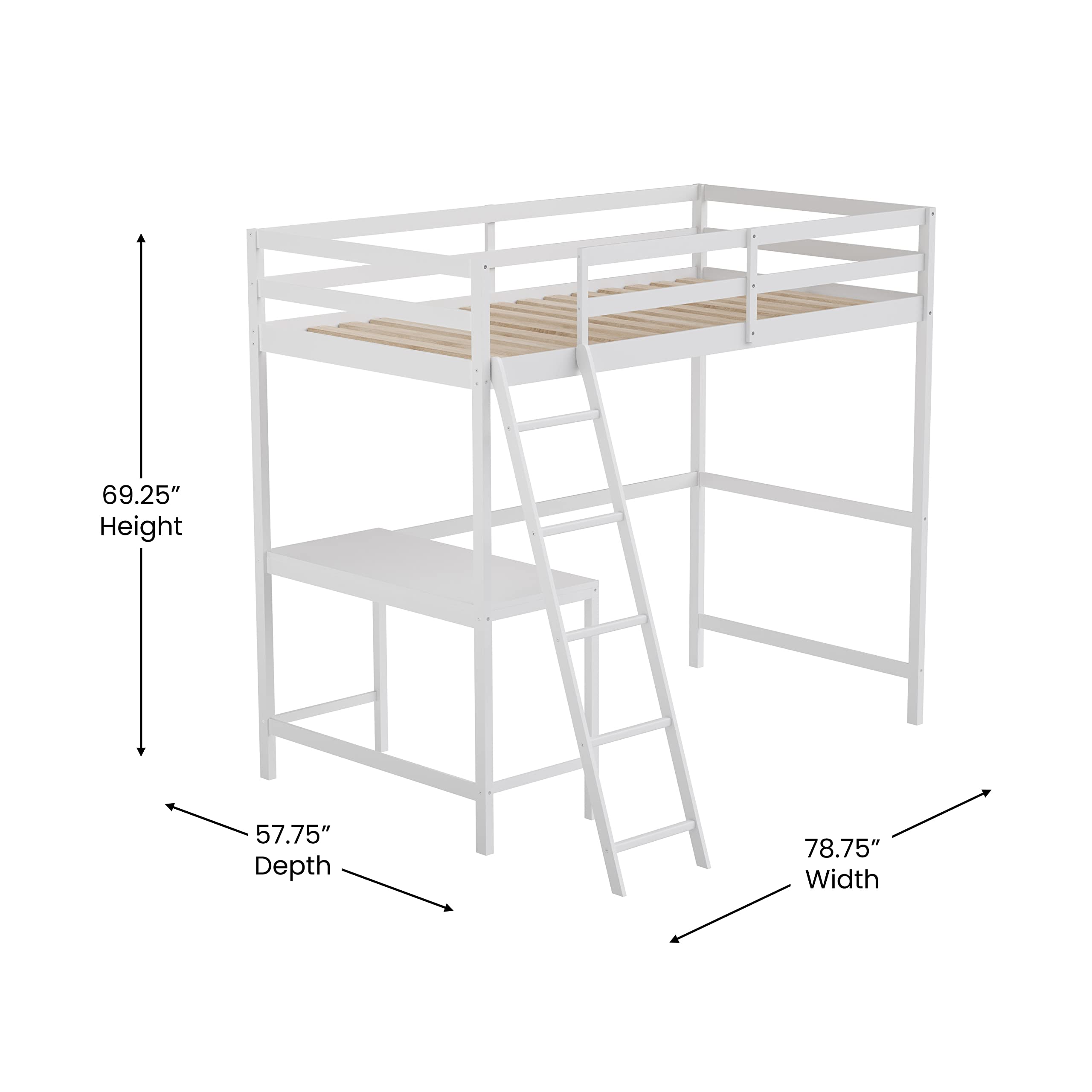 Emma & Oliver Ridley Twin Size Loft Bed with Built-in Desk - White Pine Wood Frame with Safety Guardrails - Fits 6-8