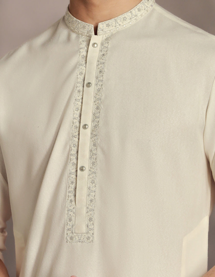 Elegant Blended Off White Shalwar Kameez by J. Junaid Jamshed - Traditional Pakistani Outfit for Weddings, Festivals & Special Occasions