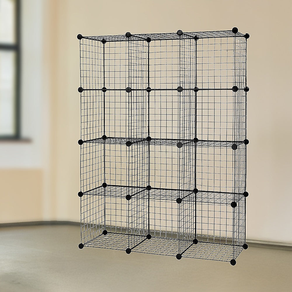 12-Cube Wire Grid Organizer Bookcase - Black Storage Cabinet for Closet, Wardrobe, Office & Living Room Organization
