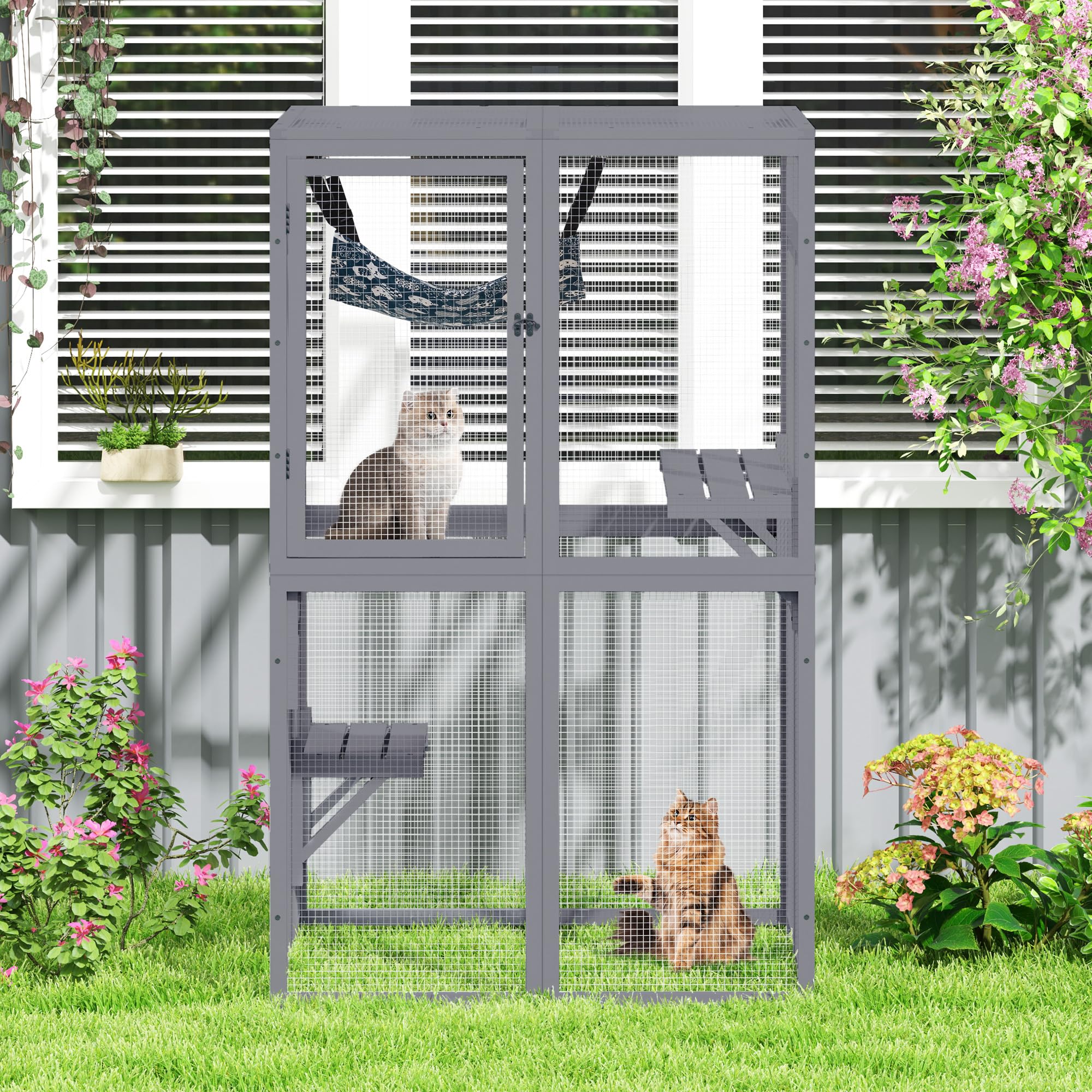 Outdoor Wooden Cat Enclosure - Grey Catio with Window Access for Patio & Indoor Kitty House | Perfect for Backyard, Balcony & Home Use