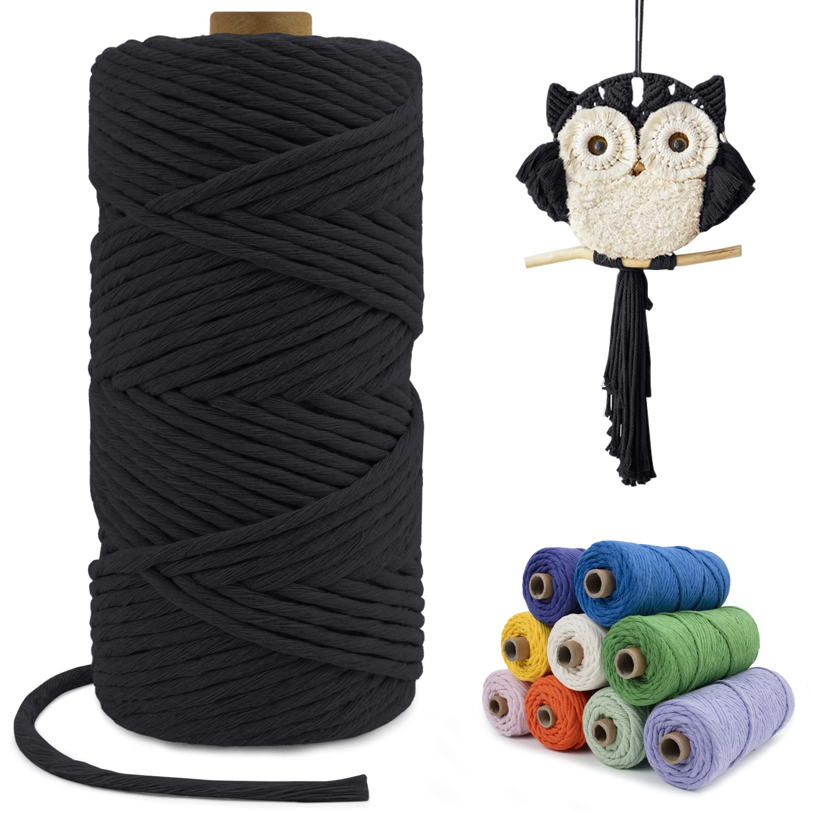 4mm Single Strand Macrame Cord - 110 Yards Black Natural Cotton Rope Yarn for Wall Hangings, Plant Hangers, DIY Crafts & Home Decor | Perfect for Bohemian Decor, Handmade Jewelry & Macrame Projects
