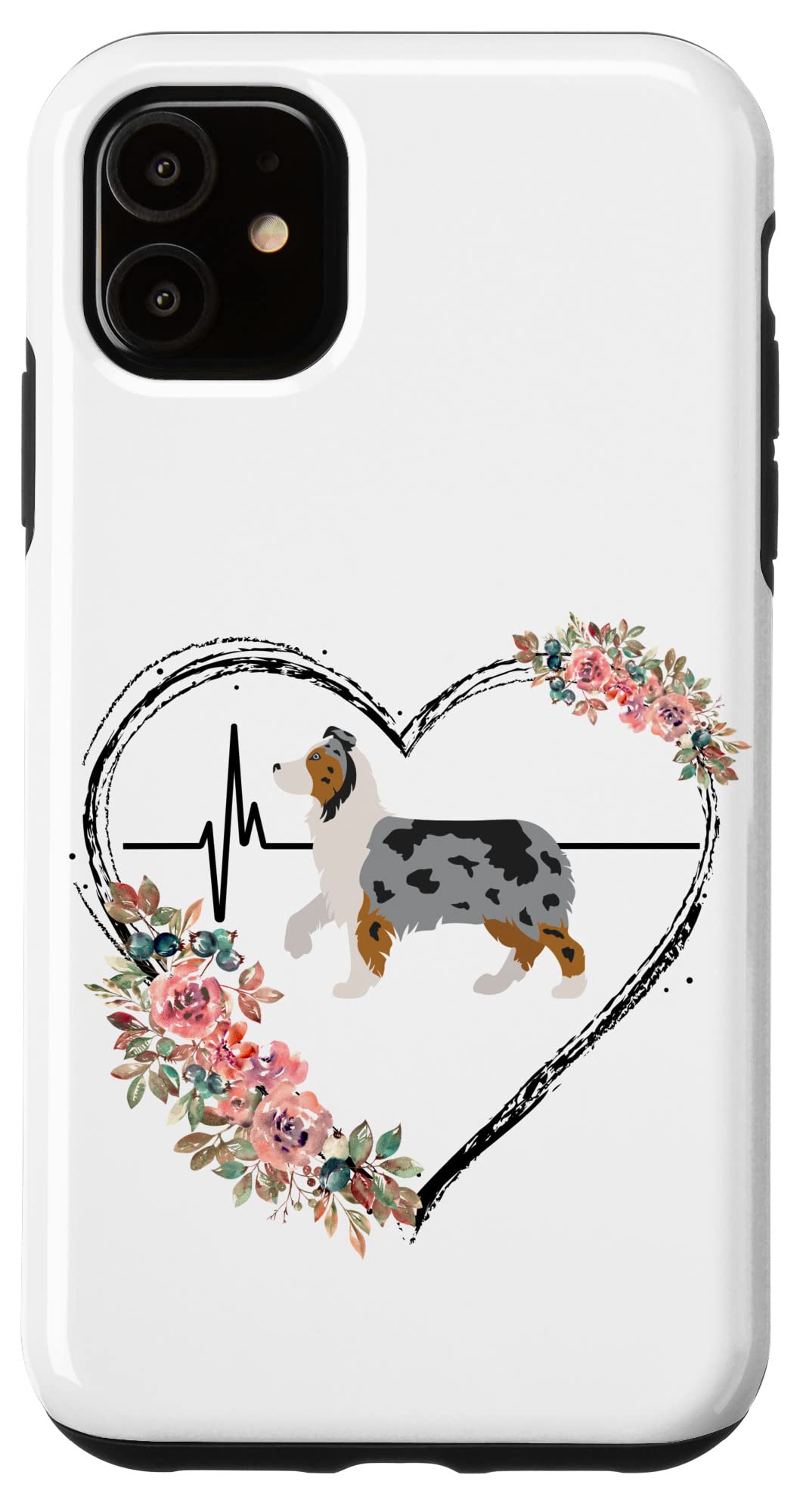**iPhone 11 Case - Australian Shepherd Dog with Heartbeat & Floral Design - Slim Protective Cover for Daily Use, Travel & Outdoor Activities**