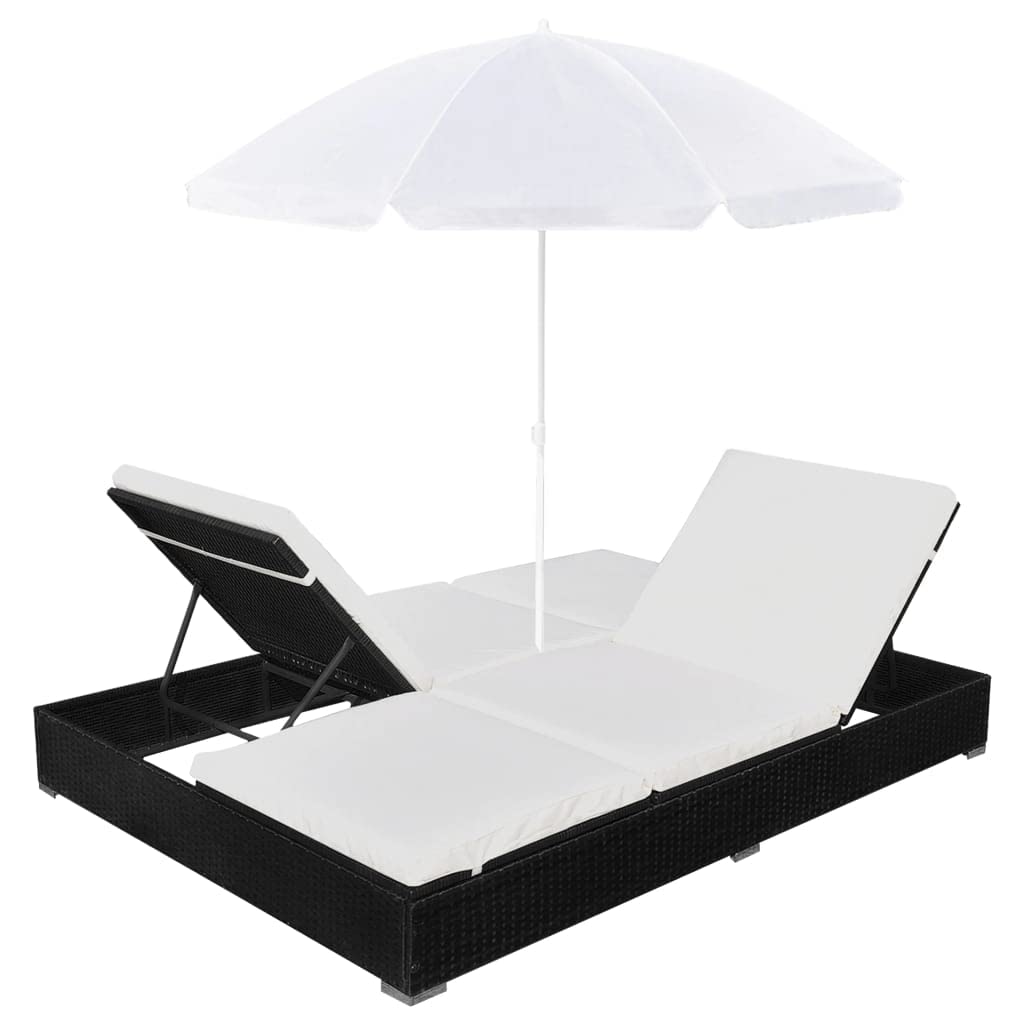 vidaXL Double Patio Lounge Bed - Weather-Resistant Waterproof Poly Rattan Outdoor Sun Lounger with Adjustable Positions & Umbrella - Black - Perfect for Poolside Relaxation, Backyard Lounging, and Patio Comfort