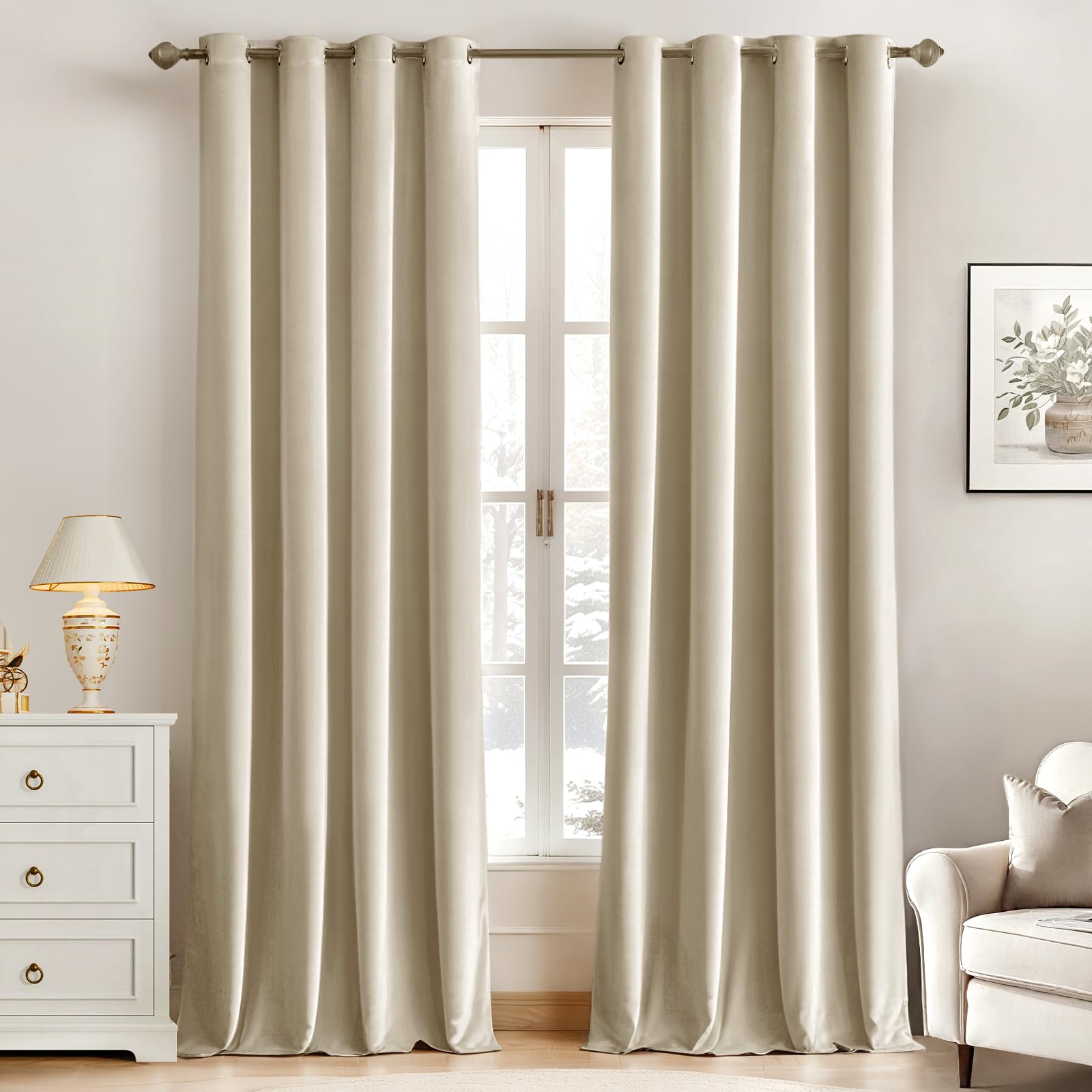 MIULEE Beige Velvet Grommet Curtains - Thermal Insulated, Soundproof & Room Darkening Drapes for Living Room & Bedroom Decor (52x84 Inch, Set of 2) - Perfect for Classic Home Styling, Noise Reduction & Energy Efficiency