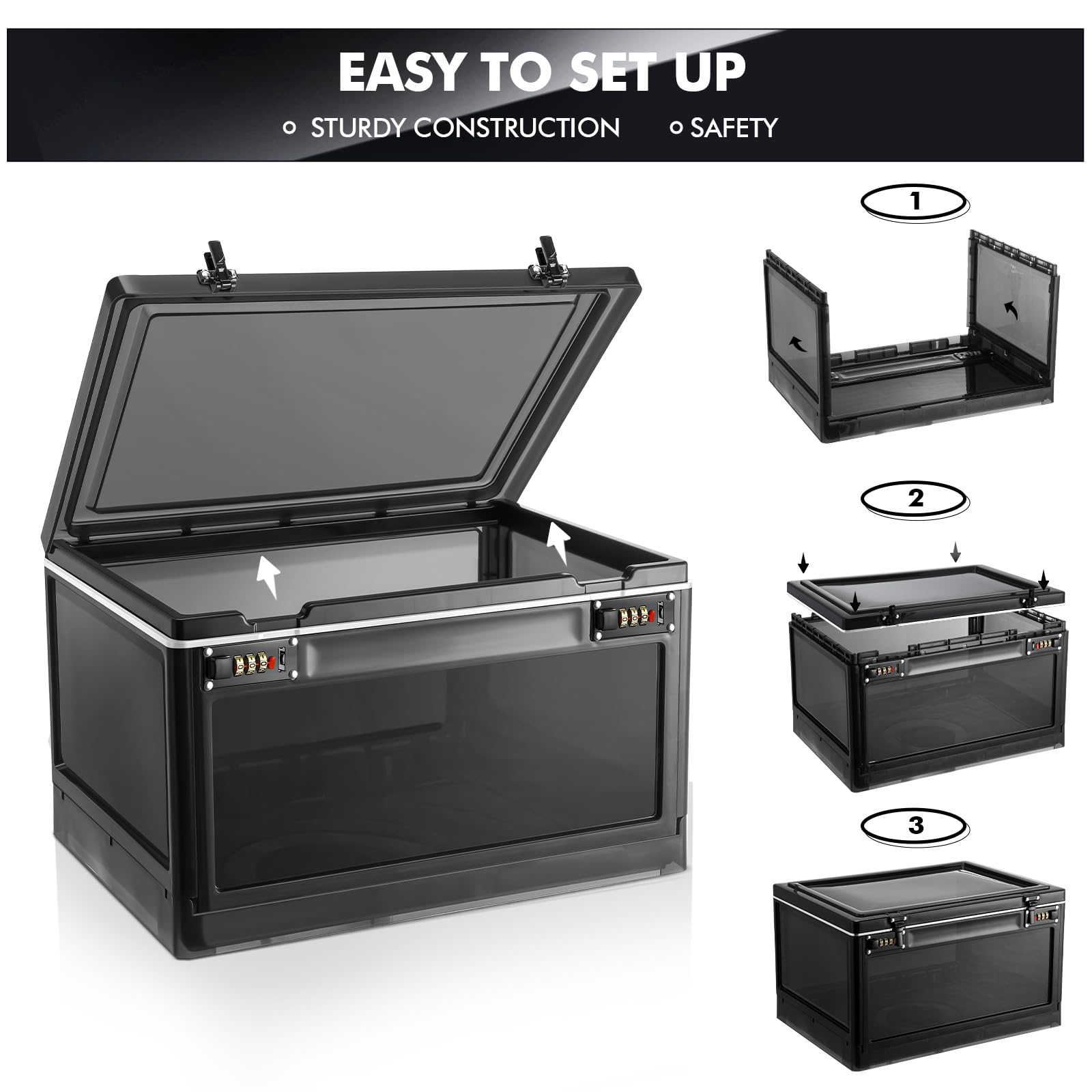Yalikop 2-Pack Large Lockable Storage Box with Combination Lock - Secure Container for Office, School, Home - Ideal for Personal Items, Medicine, Snacks & Phone Storage (Black)