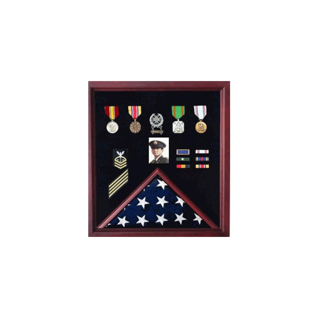 Oak Flag Photo and Badge Display Case - Wall Mounted Shadow Box for Military Medals, Awards, and Memorabilia - Perfect for Home, Office, or Gift Display