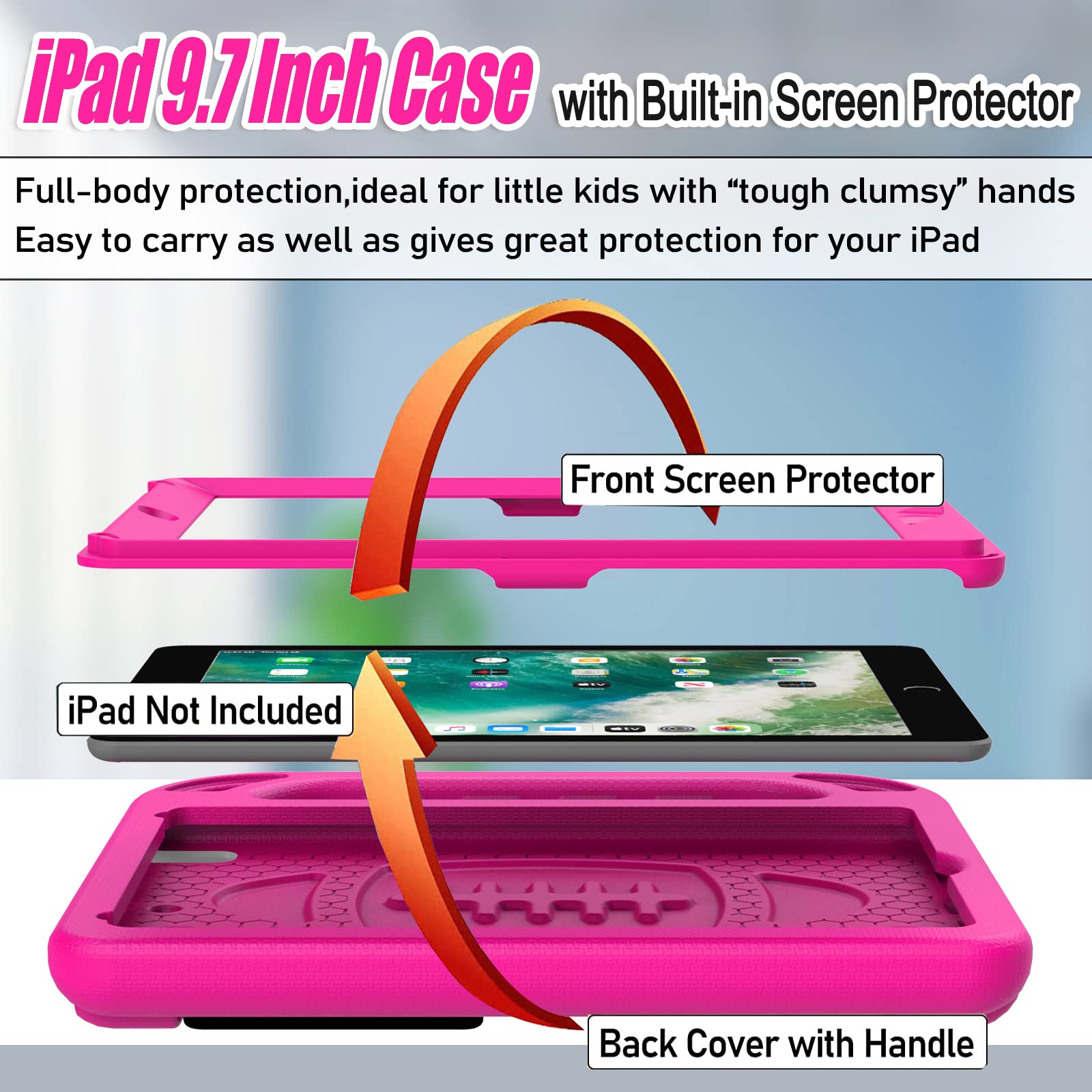 LTROP Shockproof Kids iPad Case for iPad 6th/5th Generation & iPad Air 2 (9.7 Inch 2018/2017) with Built-in Screen Protector & Handle Stand - Rose | Durable Protective Cover for School, Travel, and Home Learning