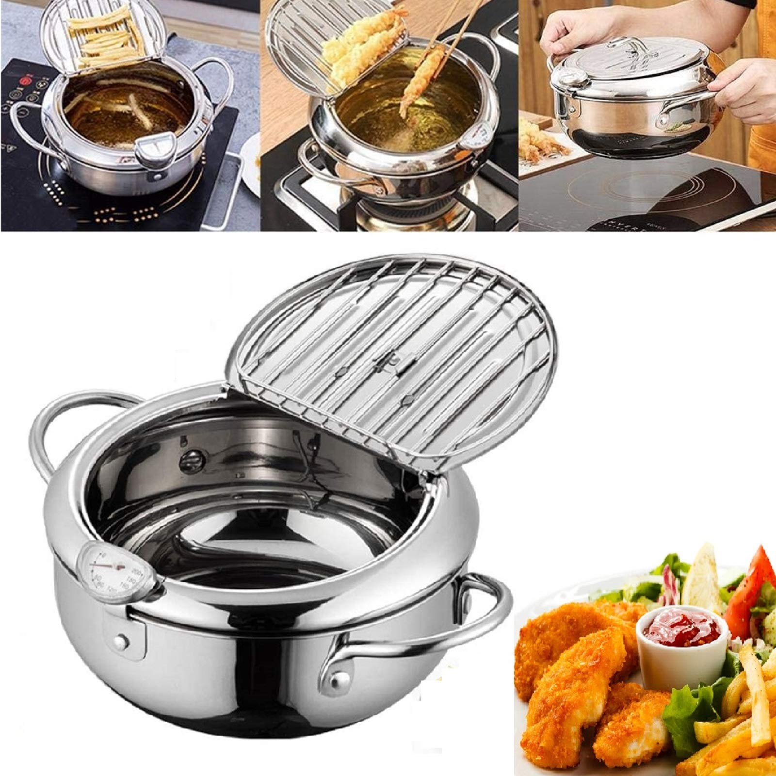 24cm Stainless Steel Deep Fryer with Thermometer, Lid & Oil Drip Rack - Nonstick Tempura Fryer Pot for Home Kitchen, Restaurants & Outdoor Cooking - Perfect for Chicken Wings, French Fries & Seafood