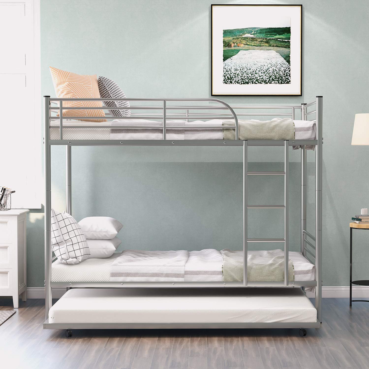 Harper & Bright Designs Twin Over Twin Metal Bunk Bed with Trundle, Ladder & Safety Rail - Space-Saving Kids Bedroom Furniture for Sleepovers & Small Rooms (Silver, Twin/Twin)