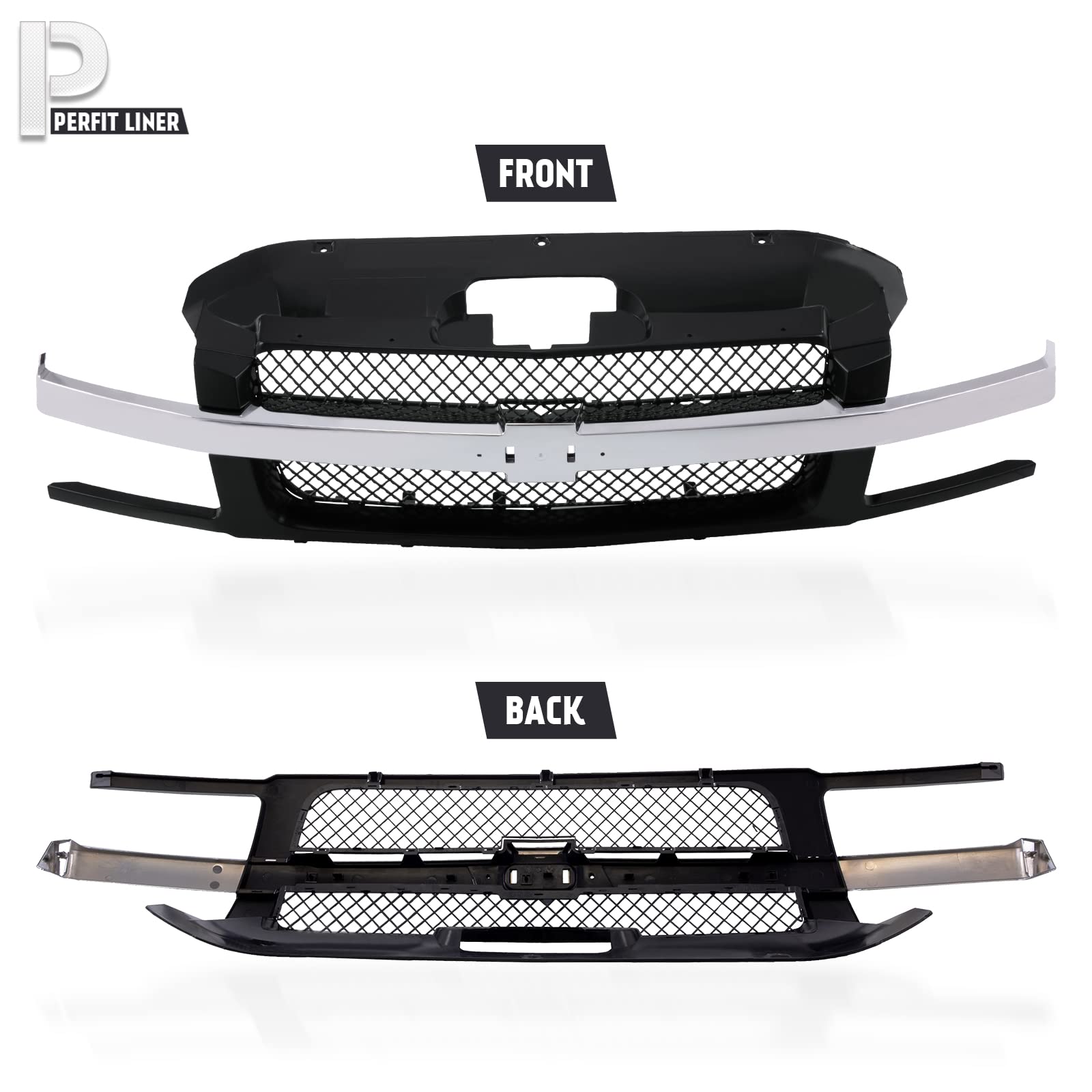 Perfit Liner Front Black Grille with Chrome Center Bar for 2002-2006 Chevy Avalanche 1500/2500 Series | GM1200543 & 88968960 Replacement | Perfect for Off-Road & Truck Customization