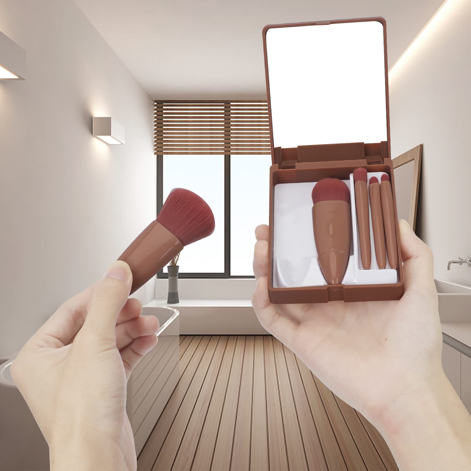 Professional 5-Piece Makeup Brush Set with Mirror Case - Perfect for Travel & Daily Makeup
