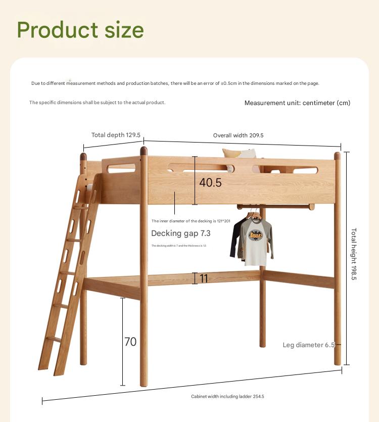 Solid Oak Wood Loft Bed with Storage Cabinet - Space-Saving Furniture for Small Rooms, Kids Bedroom & Dormitory