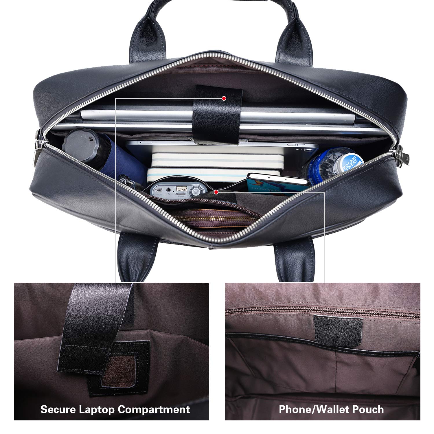 Polare Genuine Leather Briefcase for Men - Professional Business Travel Messenger Bag with YKK Metal Zipper - Fits 15.6 Inch Laptop - Perfect for Office, Commuting & Business Trips