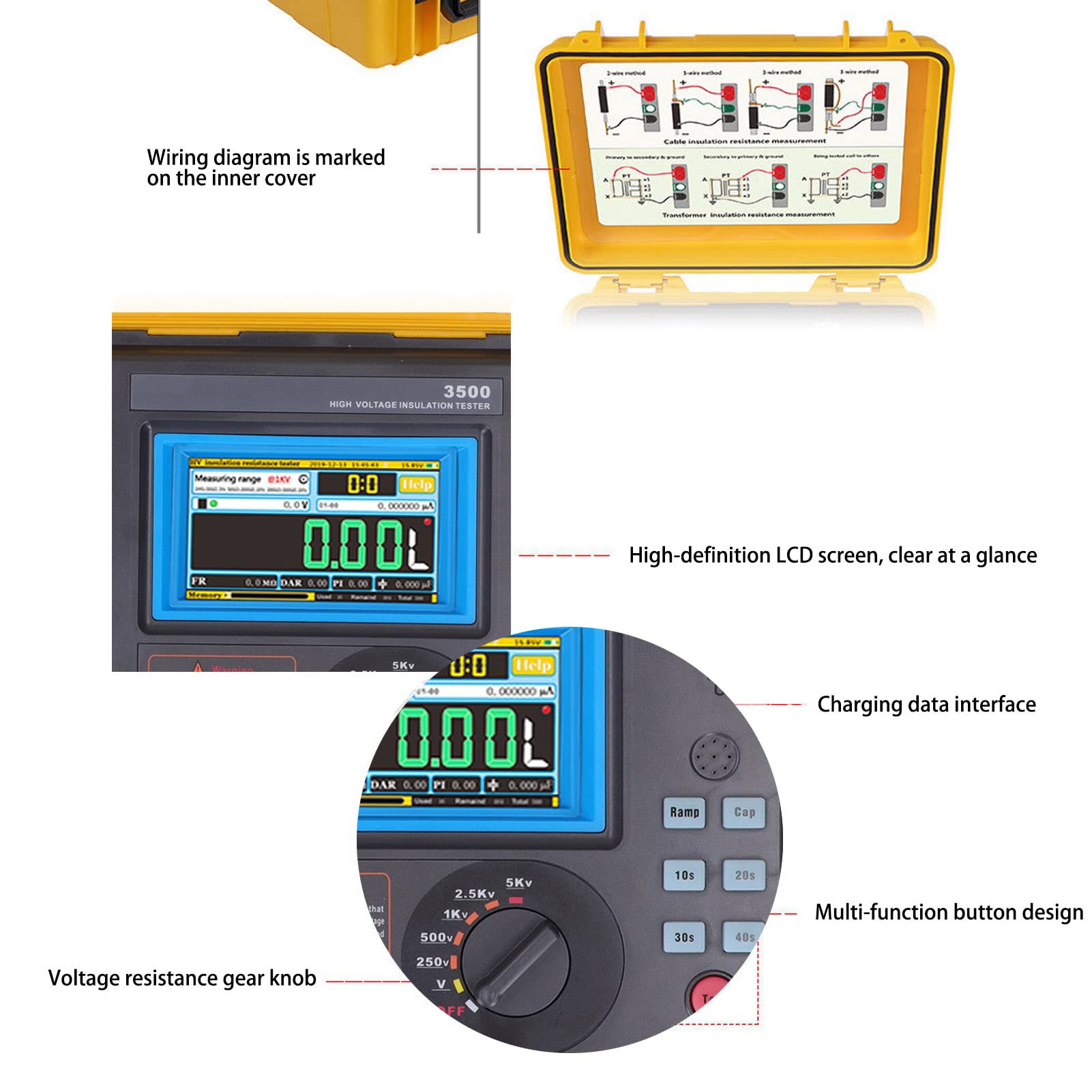ETCR3500 Digital Insulation Resistance Tester 500V/1000V/2500V Megohmmeter with LCD Display - US Plug for Electricians, HVAC, and Industrial Maintenance