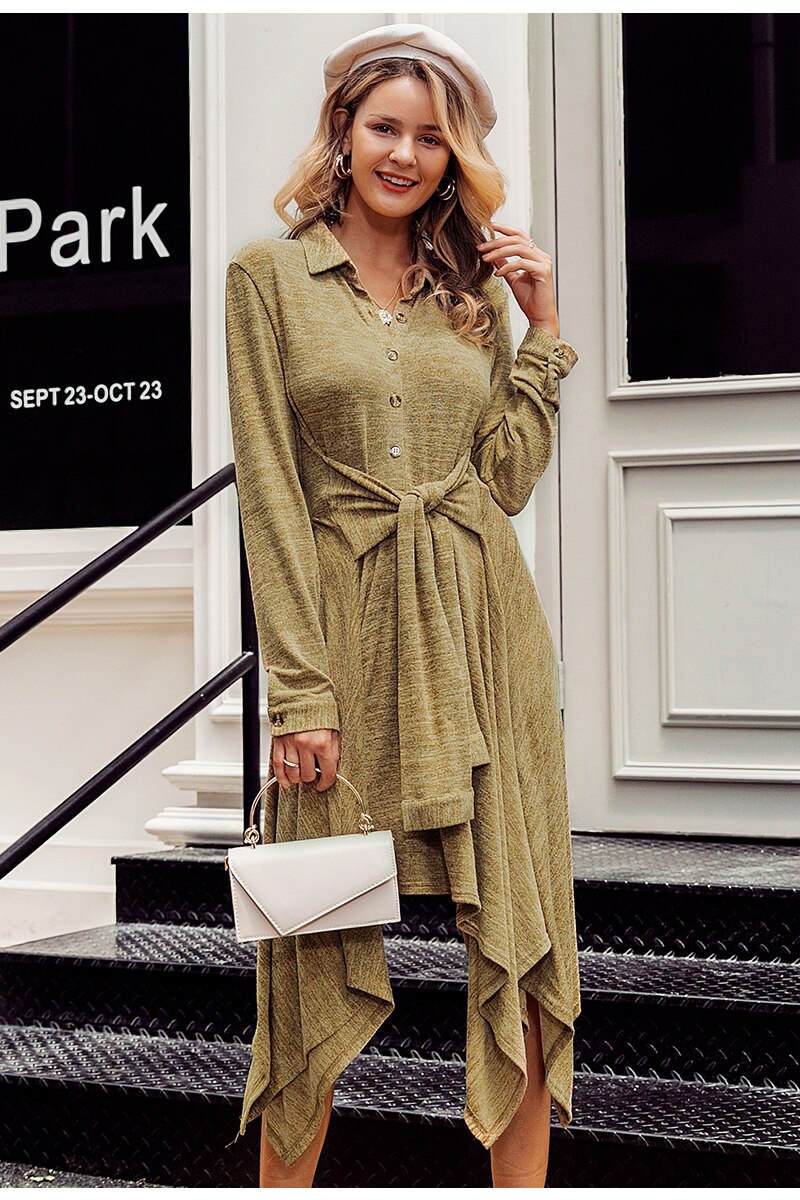 Elegant Asymmetrical A-Line Shirt Dress with High Waist Sash Bow - Midi Length Office Casual Dress for Women | Perfect for Fall Winter Workwear, Date Nights & Special Occasions