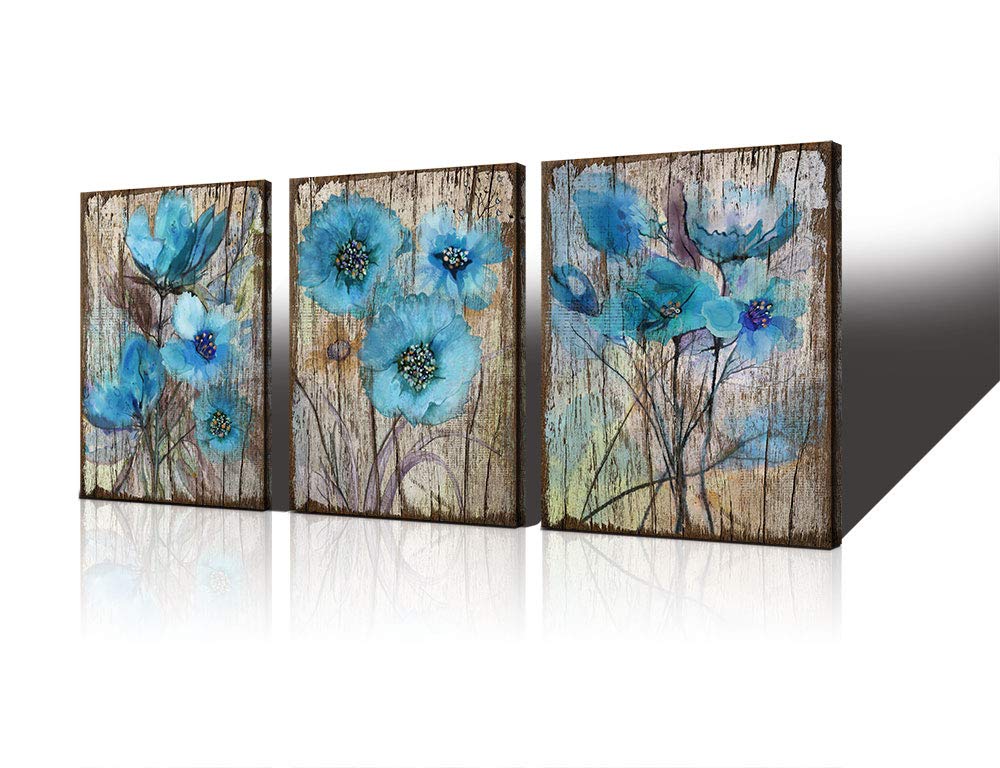 Blue Watercolor Tulips Canvas Wall Art Set - Vintage Rustic Flower Paintings on White Wood Planks - 3 Piece Bedroom Decor for Home, Living Room & Office | Perfect for Farmhouse, Boho & Coastal Interior Design Styles