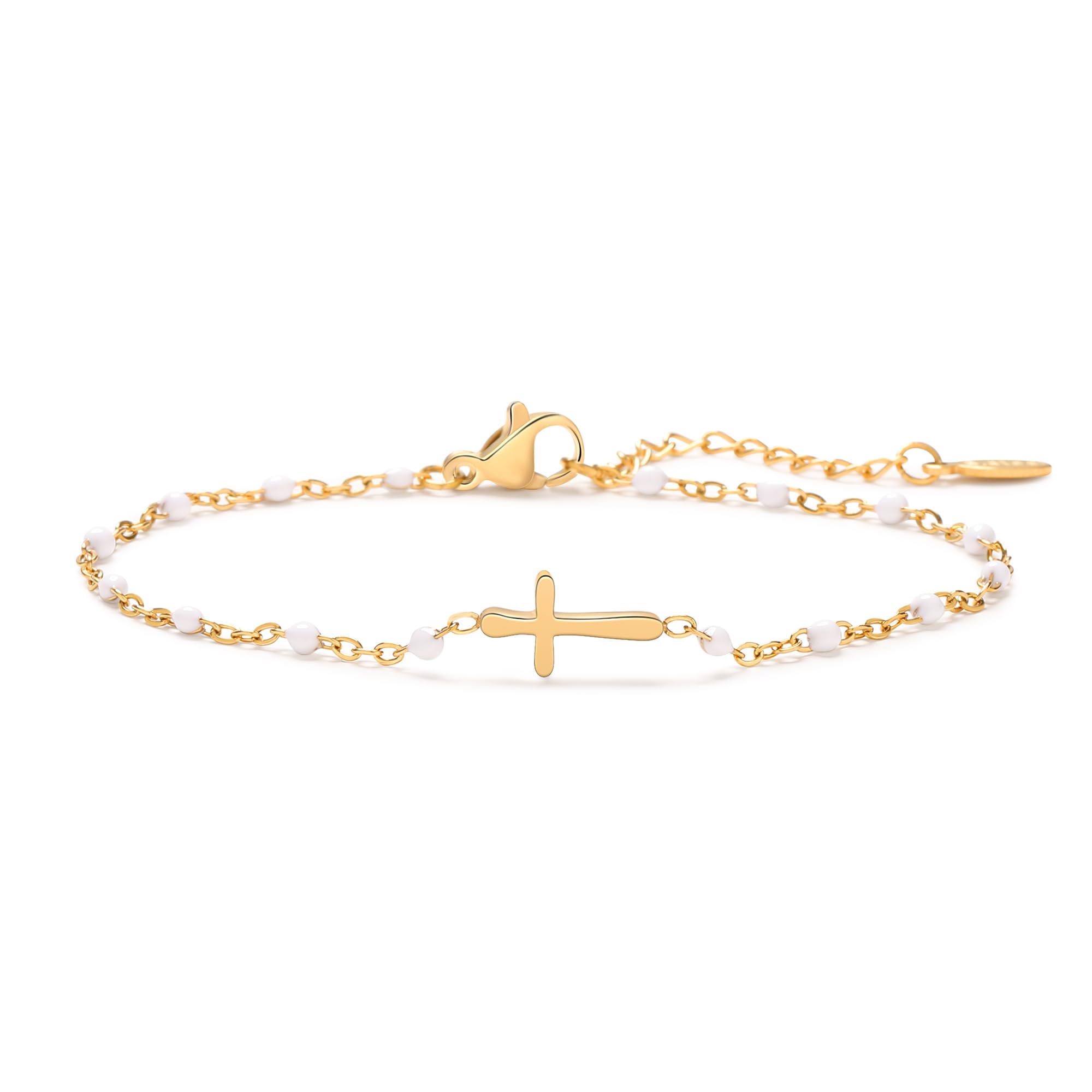 Dainty Colorful Beads Cross Bracelet for Women - 18K Gold Plated Minimalist Christian Jewelry - Religious Cross Bracelet Gift for Believers - Perfect for Church, Baptism & Daily Faith Wear