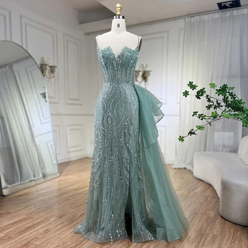 Elegant Sage Green Spaghetti Strap Mermaid Evening Dress with Detachable Overskirt LA72378 - Perfect for Prom, Wedding Guest & Formal Events