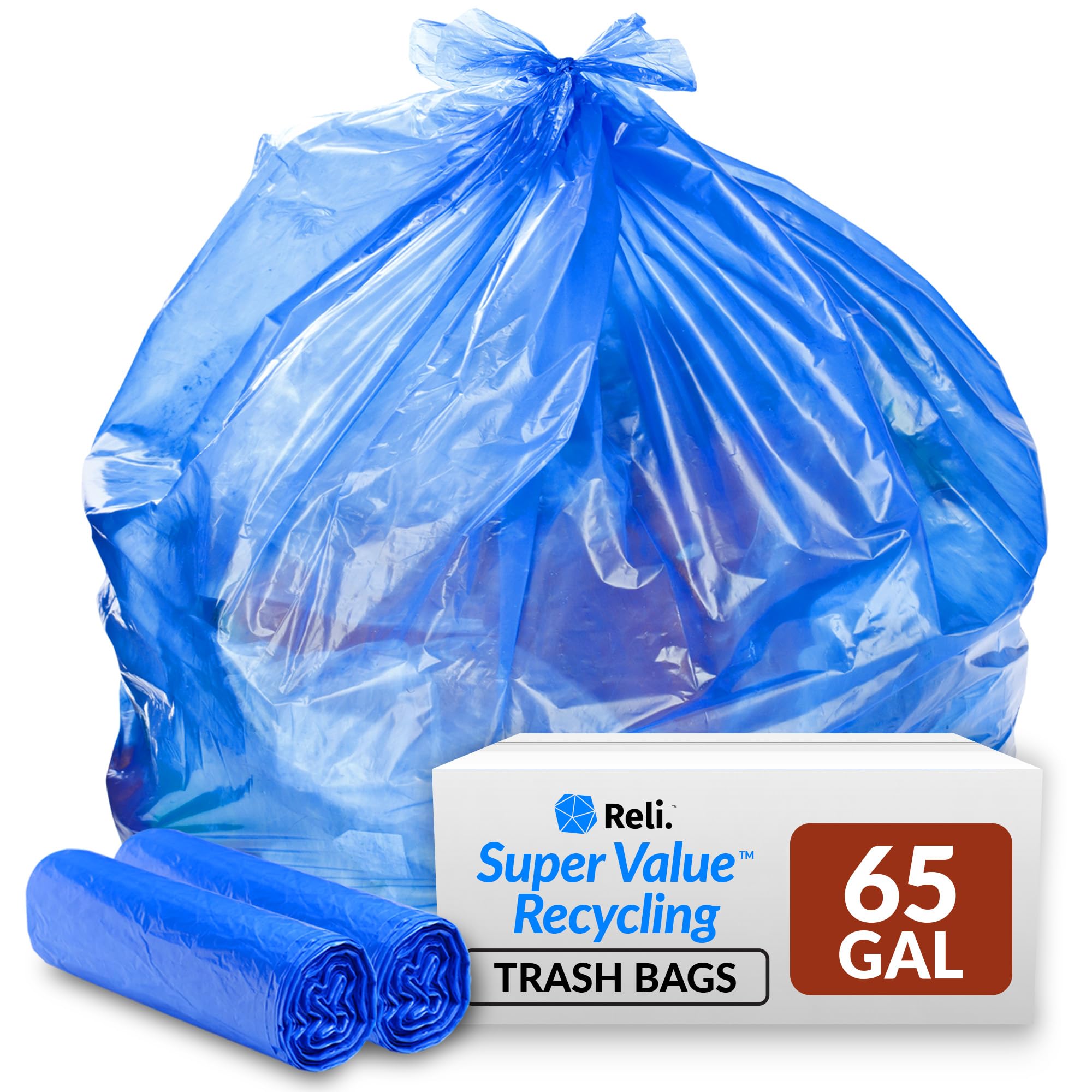Reli. SuperValue 65 Gallon Heavy Duty Recycling Bags - 50 Count Blue Trash Bags | Made in USA | Perfect for Home, Office & Outdoor Waste Disposal