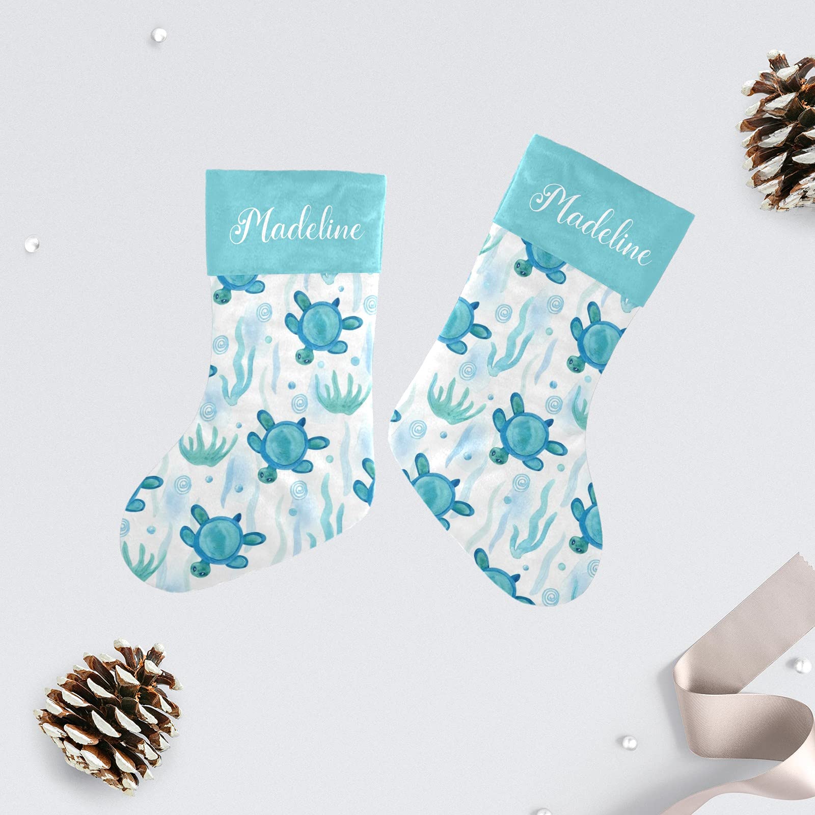 Custom Personalized Christmas Stockings with Bubbles Sea Turtle Weed Design - Fireplace Hanging Socks for Family Holiday Party Decor | Perfect for Xmas Gift Exchange & Festive Home Decoration