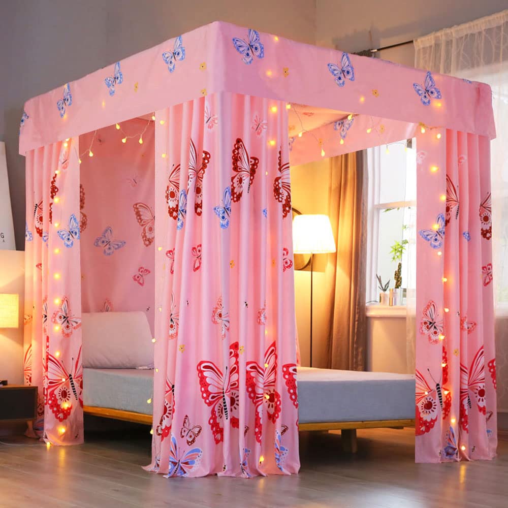Princess Canopy Bed Curtains for Girls & Adults - Pink Butterfly Design Queen Size Bed Drapes | Elegant Bedroom Decor for Kids' Rooms, Nursery, or Master Bedroom